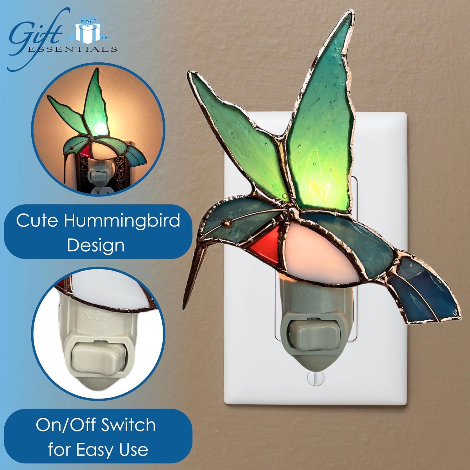 Highlights multiple selling benefits of the night light including its decorative hummingbird design and convenient on/off switch functionality in a segmented layout.