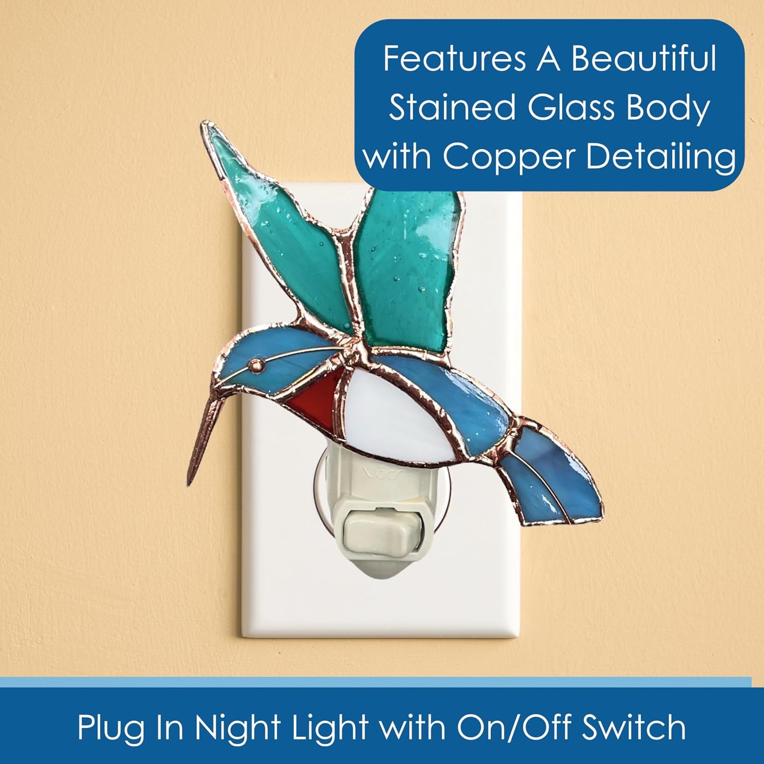 Emphasizes the premium craftsmanship and aesthetic appeal of the stained glass construction with copper detailing to communicate quality and decorative value.