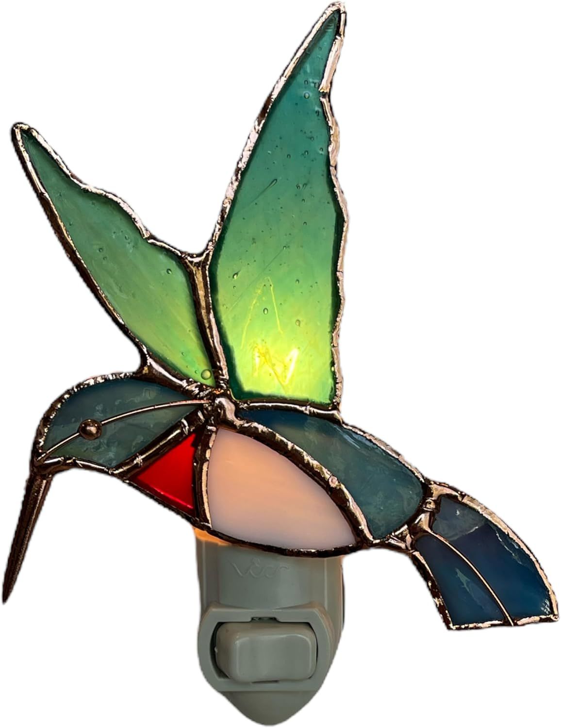 Clean white background image showing the hummingbird night light from the front to display its design and colors clearly.