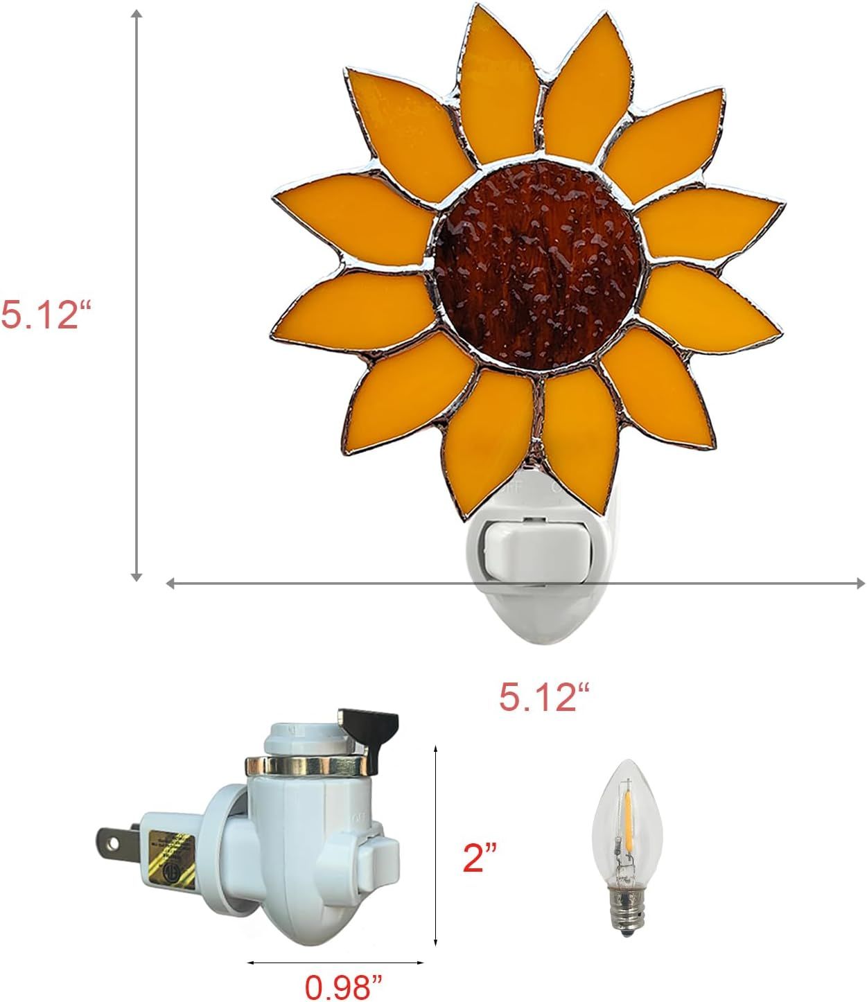 Shows the exact physical dimensions of the sunflower night light and its components to help shoppers understand the product's size before purchase.