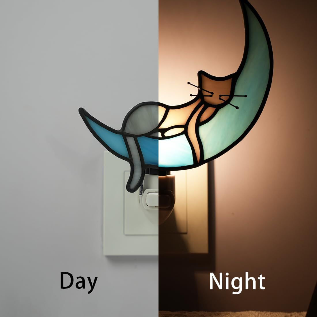 Demonstrates how the nightlight looks both when off during the day and when illuminated at night, showing its dual decorative and functional appeal.