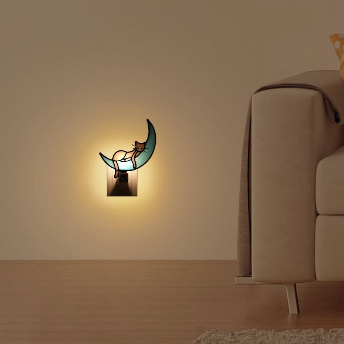 Displays the nightlight in a living room setting to show its decorative appeal and ambient lighting effect in everyday home environments.