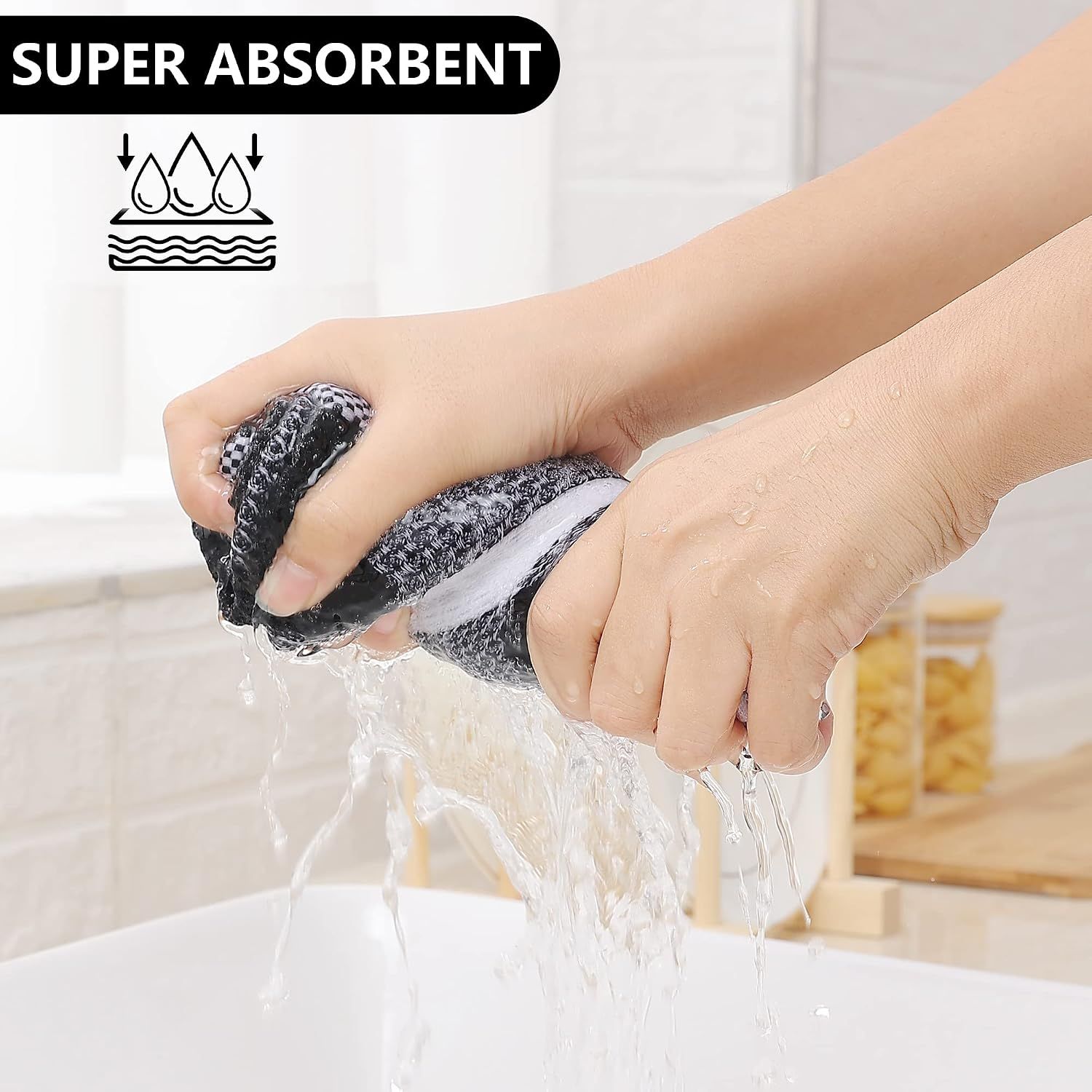 Highlights the product's super absorbent capability with a visual demonstration of water absorption, reassuring shoppers that the towel can handle heavy liquid cleanup.