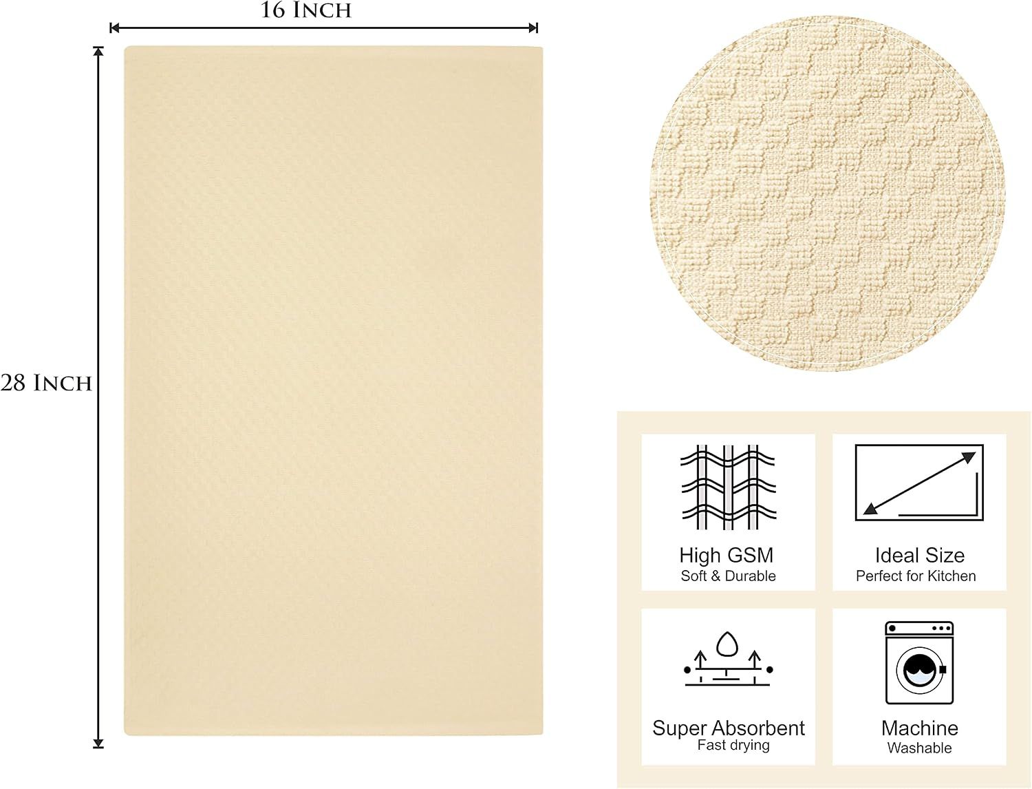 Shows the exact physical dimensions of the product with measurement arrows to help shoppers understand the size. Highlights multiple key benefits in a segmented layout including material quality,…