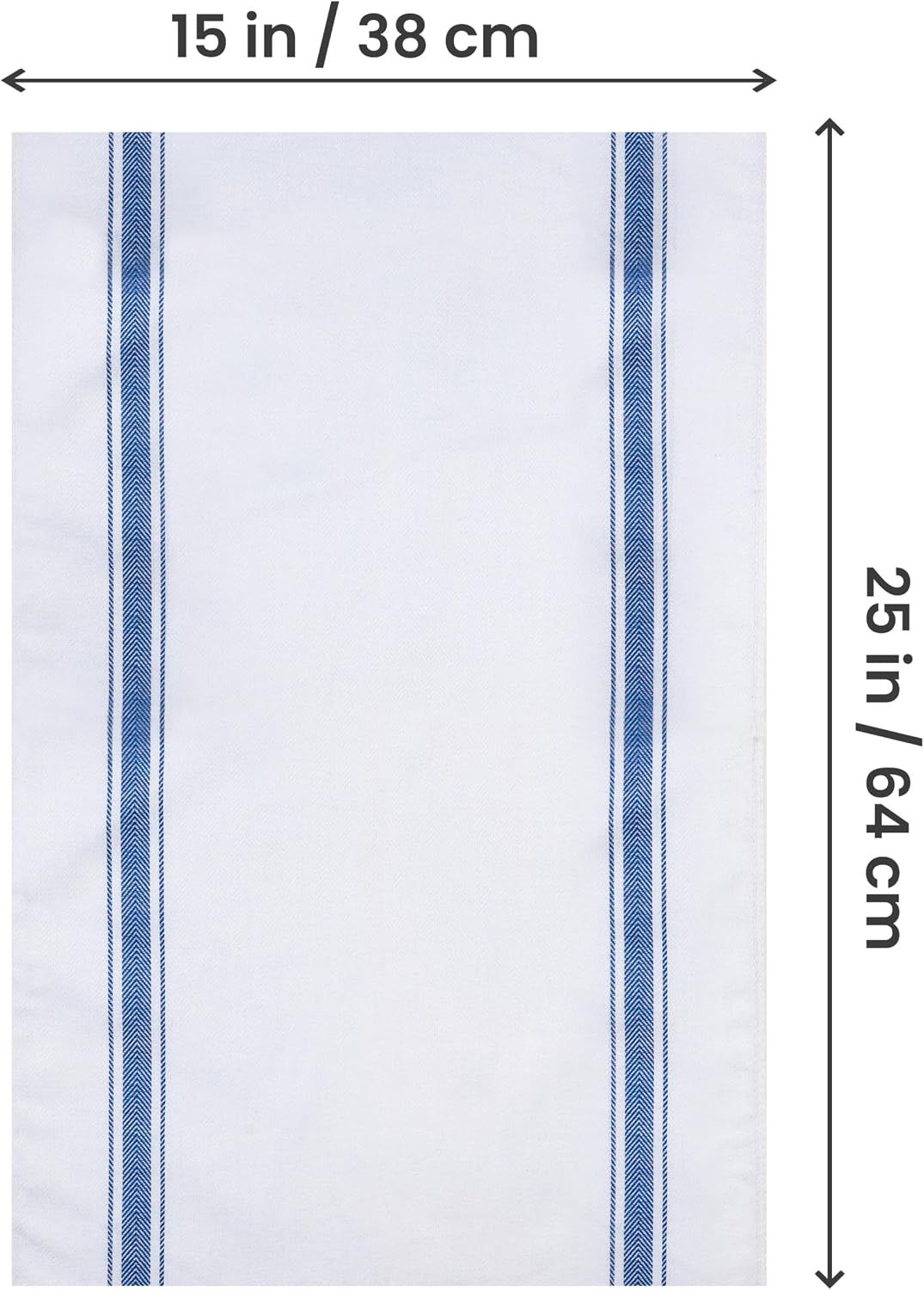 Communicates the exact physical dimensions of the kitchen towel (15 in x 25 in / 38 cm x 64 cm) to help shoppers understand the size before purchase.