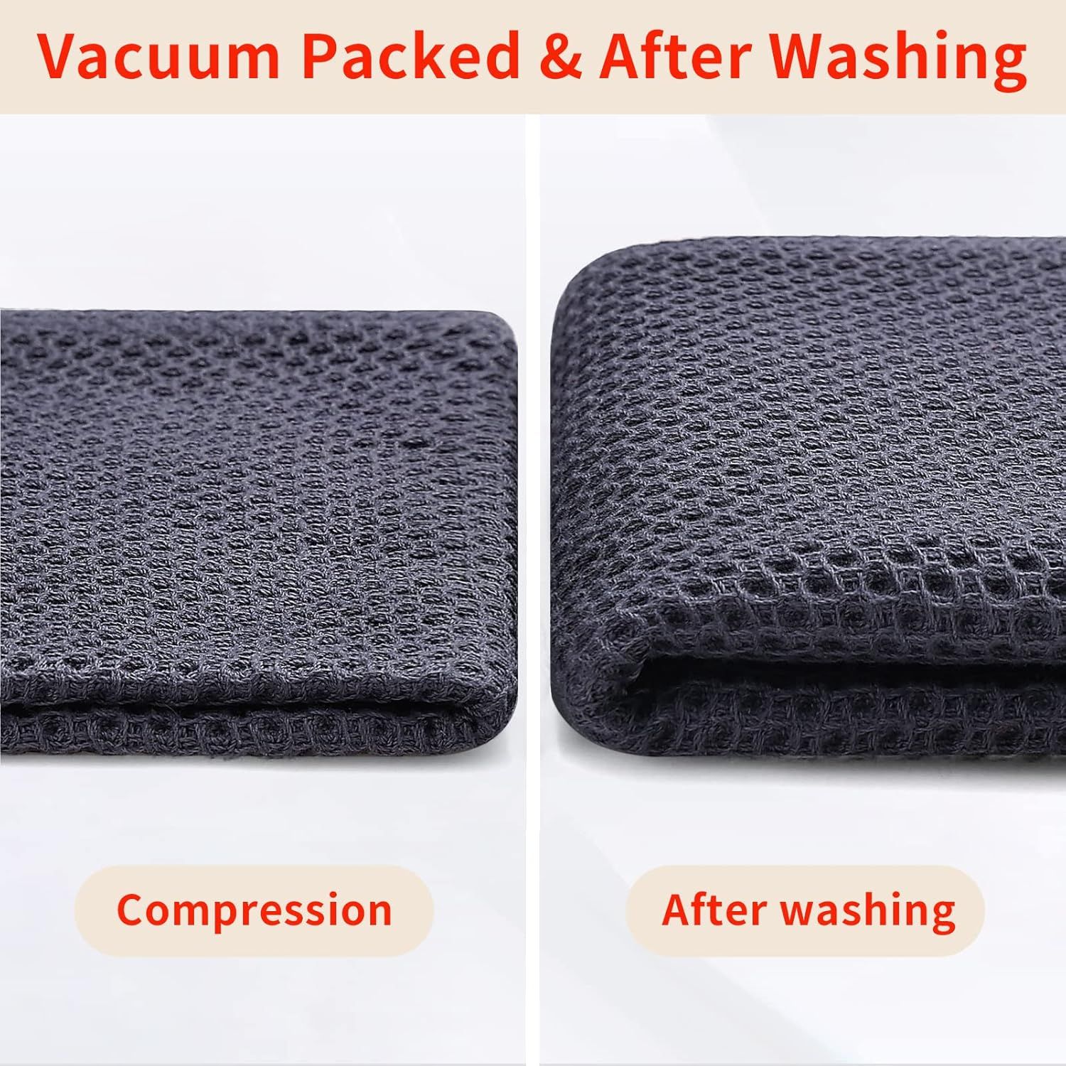Demonstrates that the product arrives compressed for shipping and returns to full form after washing, reassuring shoppers about packaging and durability.