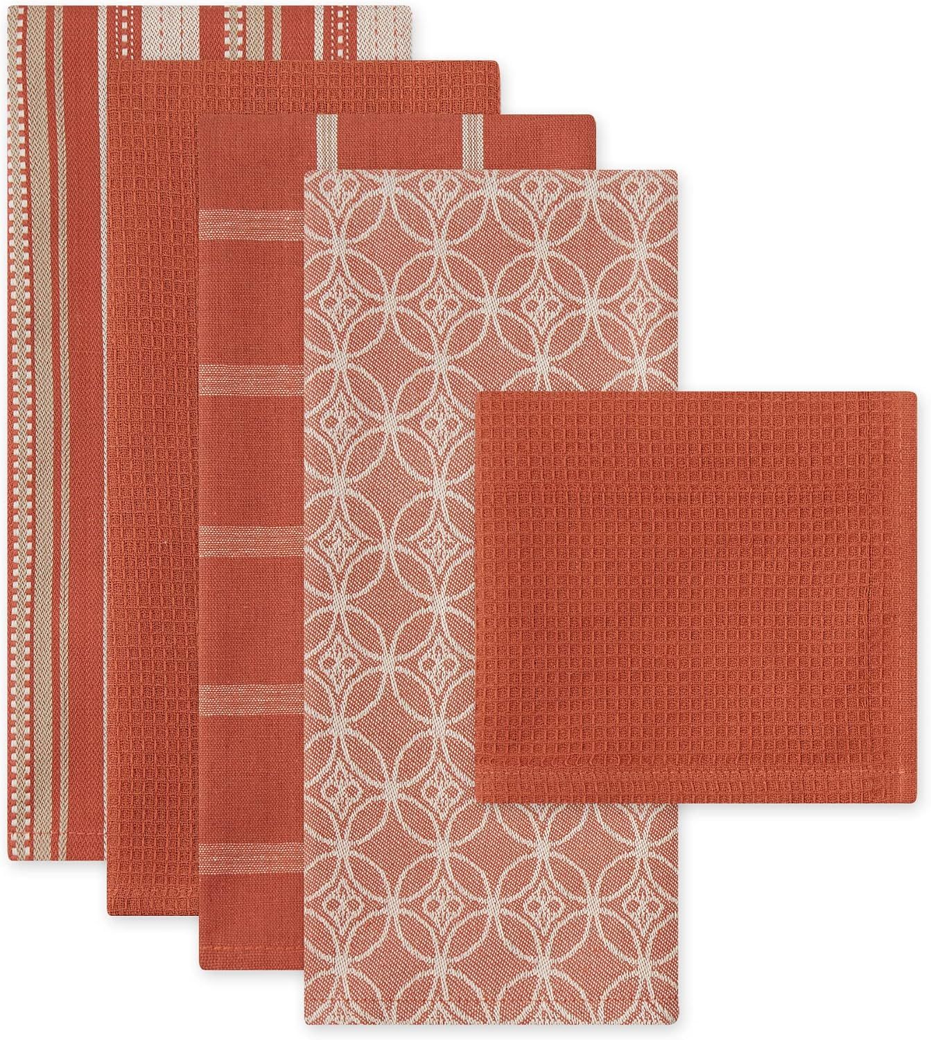 Shows the variety of designs and patterns included in the set, helping shoppers understand they are receiving multiple coordinated towels.
