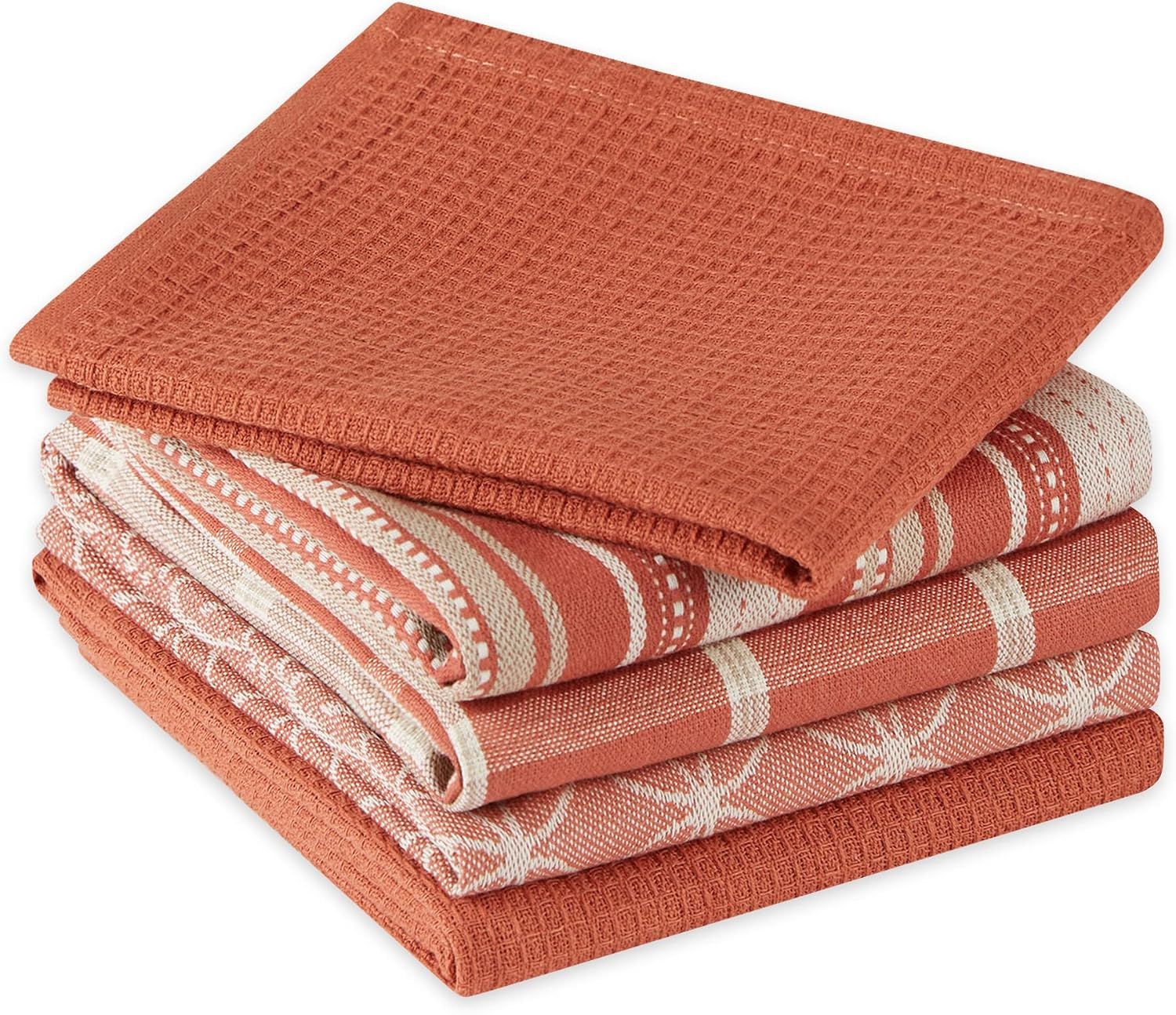 Displays the complete set of dishtowels in a stacked arrangement to show customers exactly what they will receive in the package.