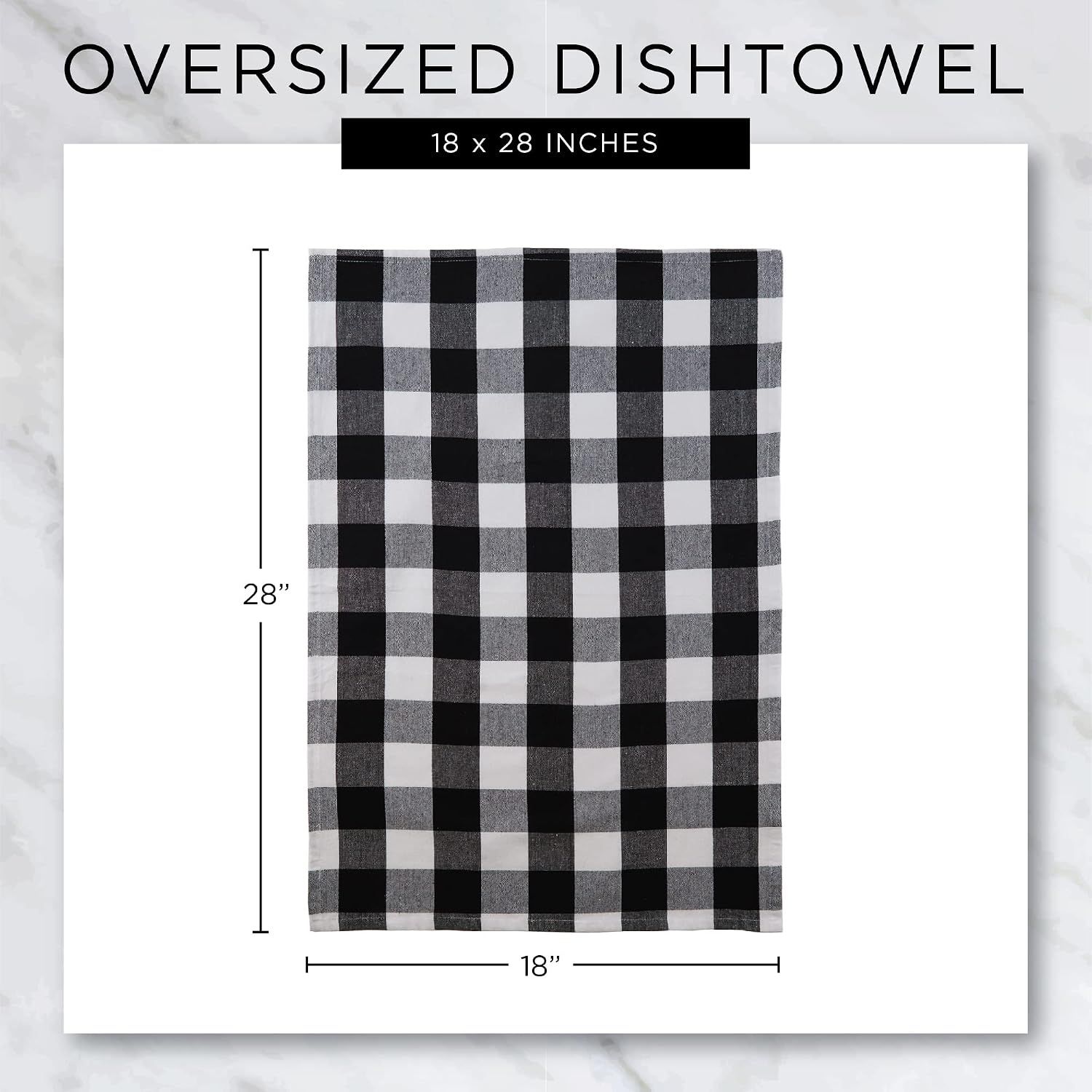Communicates the physical dimensions of the oversized dishtowel (18 x 28 inches) with measurement arrows to help shoppers understand the product size.