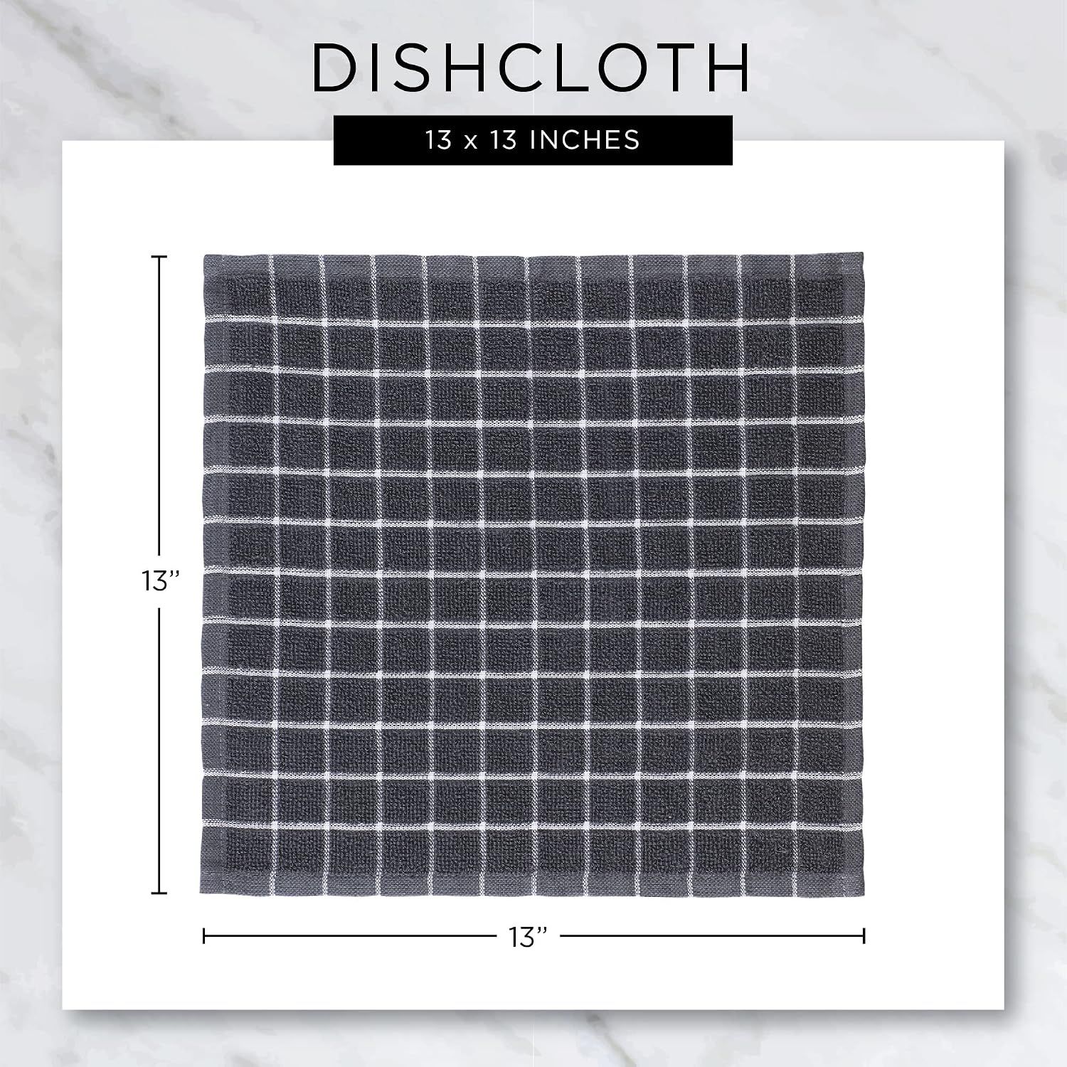 Shows the exact physical dimensions of the dishcloth (13 x 13 inches) with measurement arrows to help shoppers understand the product size.