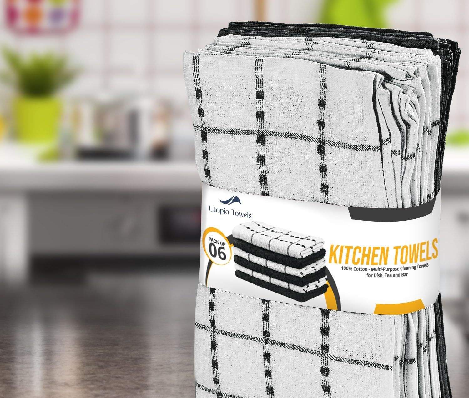 Shows the complete package contents with the pack of 6 kitchen towels and packaging to communicate what the customer receives upon purchase.