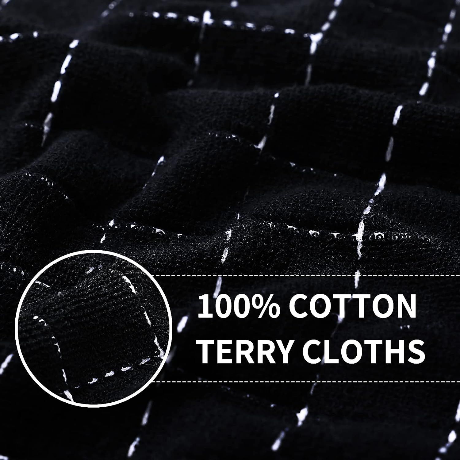Highlights the premium material composition of the towel by zooming in on the fabric texture with a callout, reassuring shoppers of quality and absorbency.