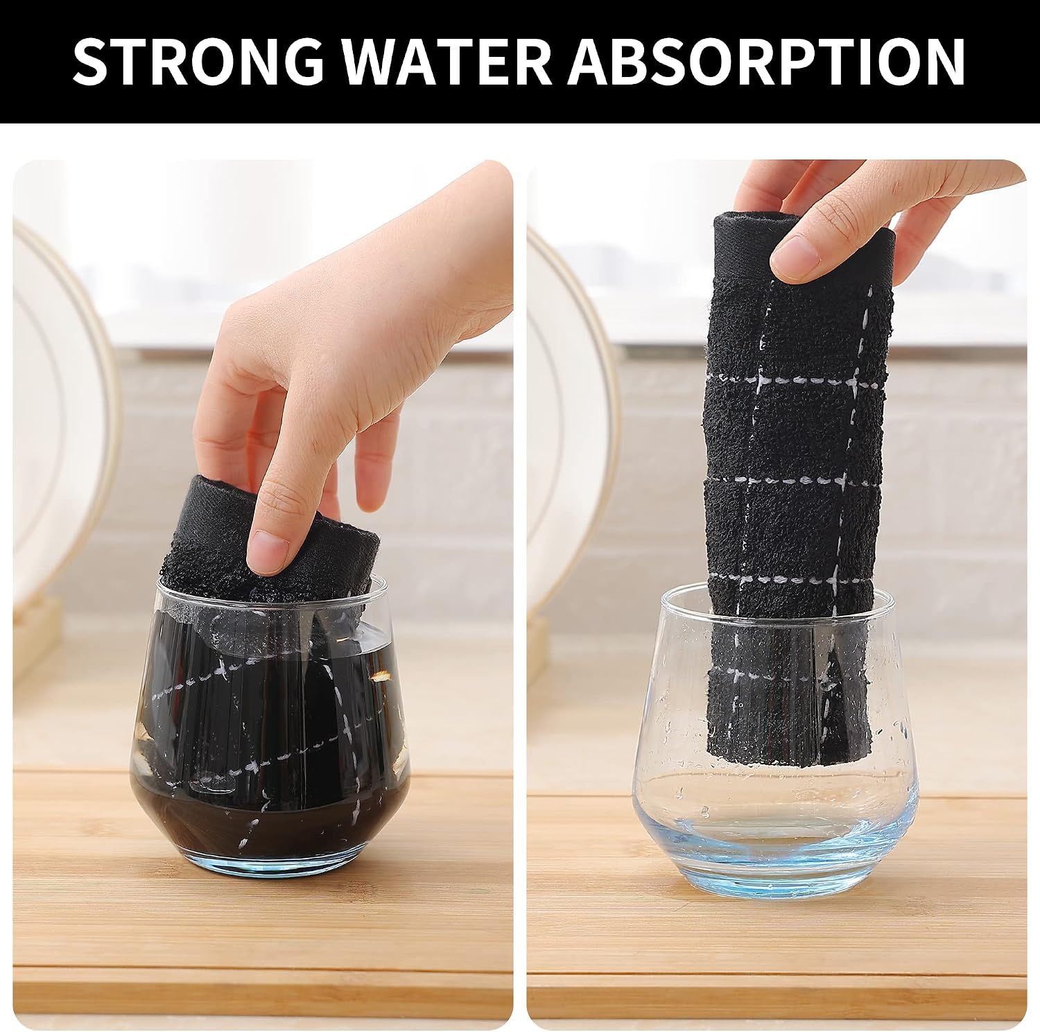Demonstrates the towel's superior water absorption capability through a simple before-and-after visual demonstration, reassuring shoppers of its effectiveness.