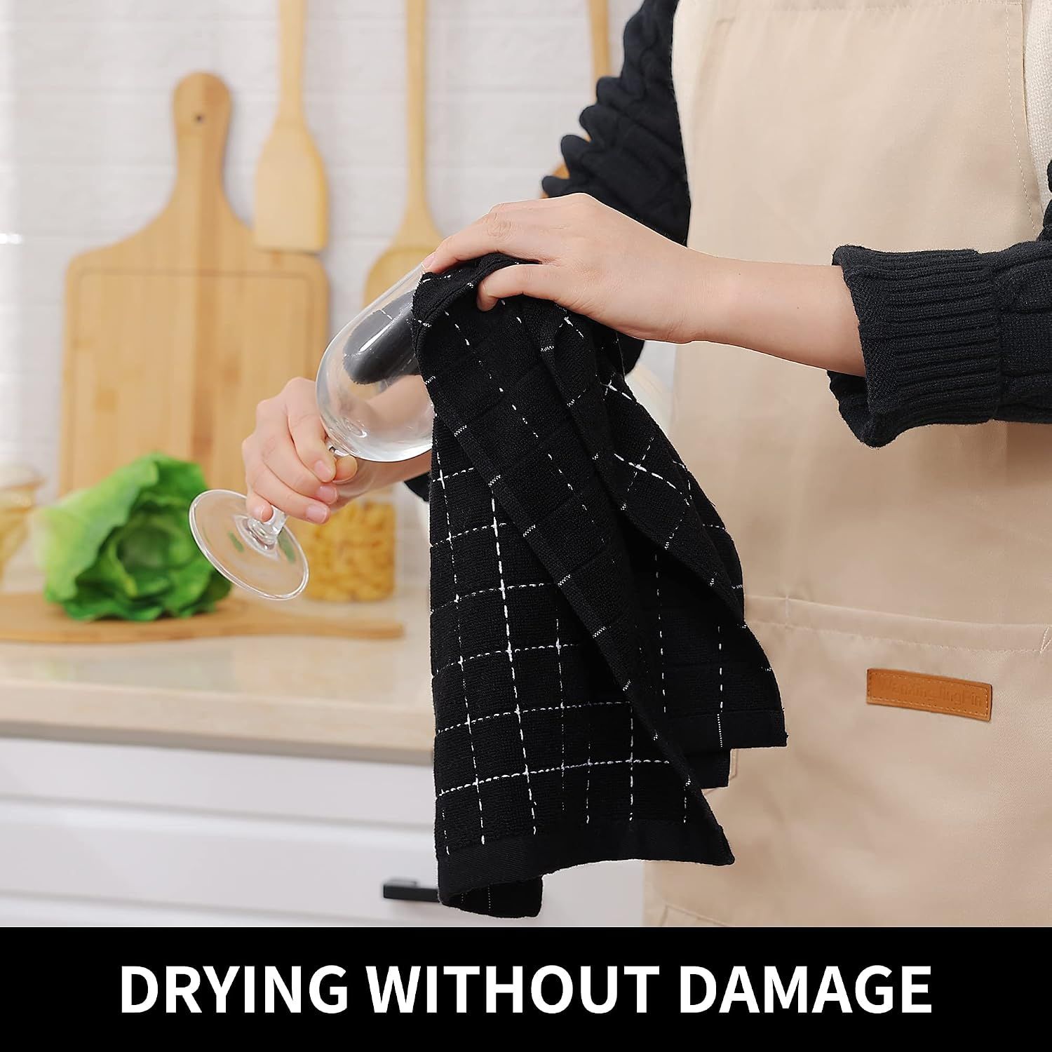 Shows the towel's ability to dry delicate items like glassware without causing scratches or damage, reassuring shoppers it is safe for all surfaces.