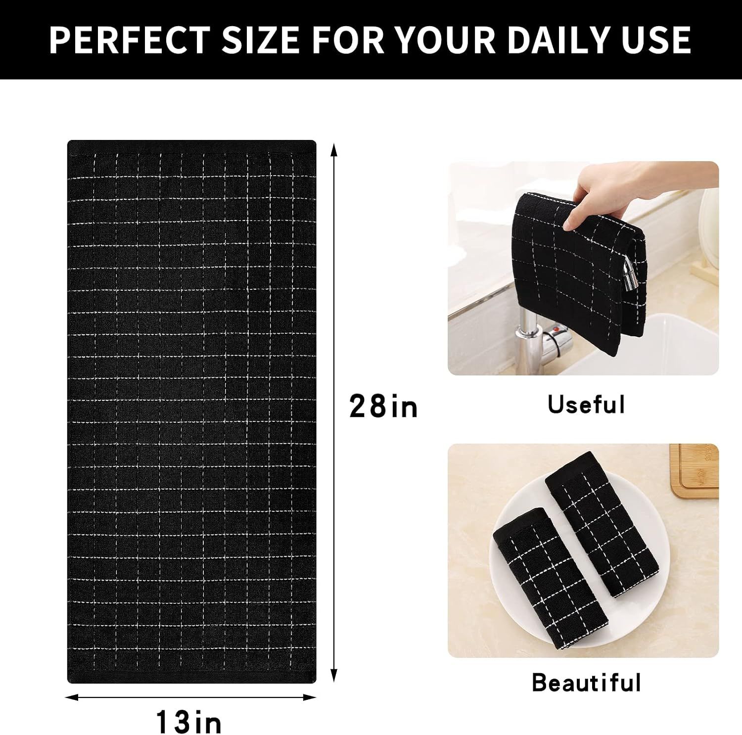 Provides exact dimensions of the towel to help shoppers understand the physical size and confirm it fits their daily kitchen needs. Communicates that the towel is ideally sized for everyday kitchen…