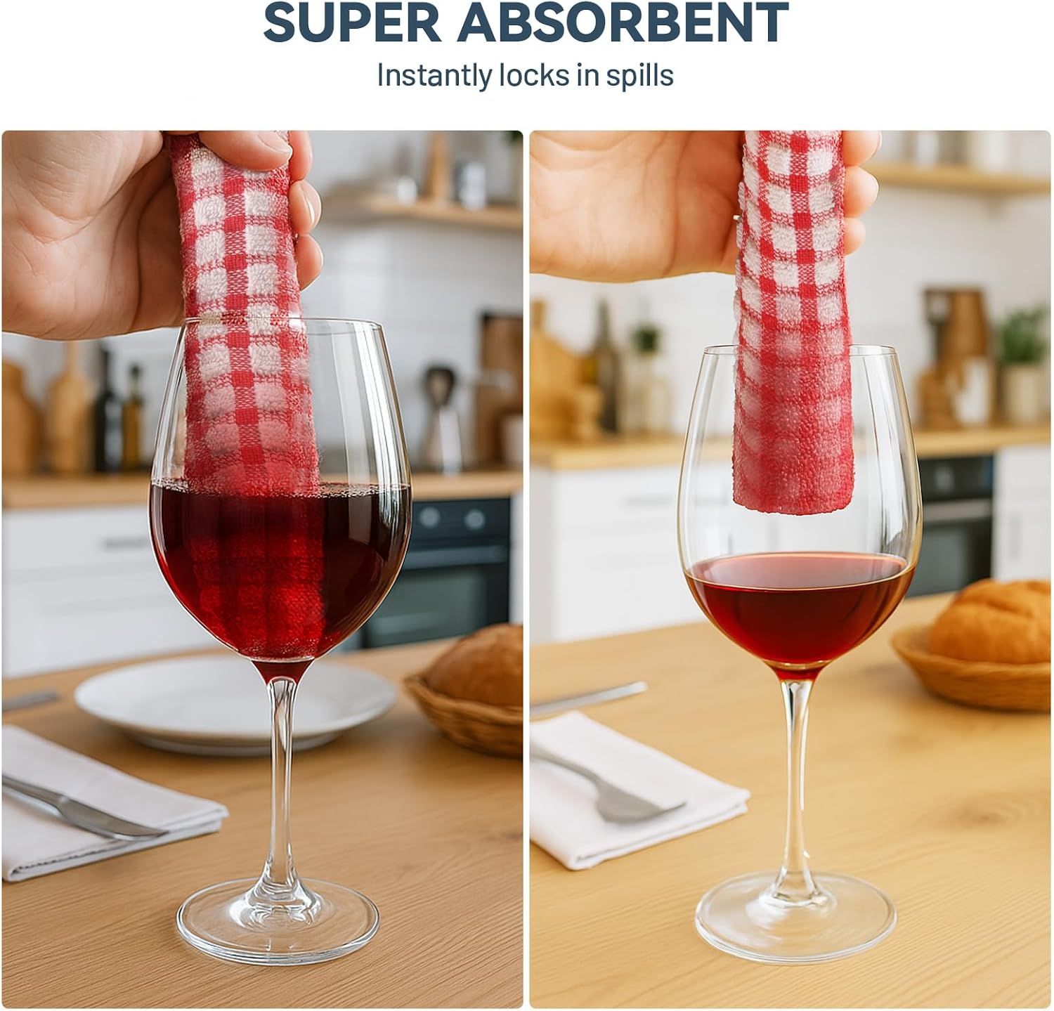Demonstrates the product's absorbency by showing a before-and-after transformation of the cloth absorbing liquid from a wine glass, proving its effectiveness at locking in spills.
