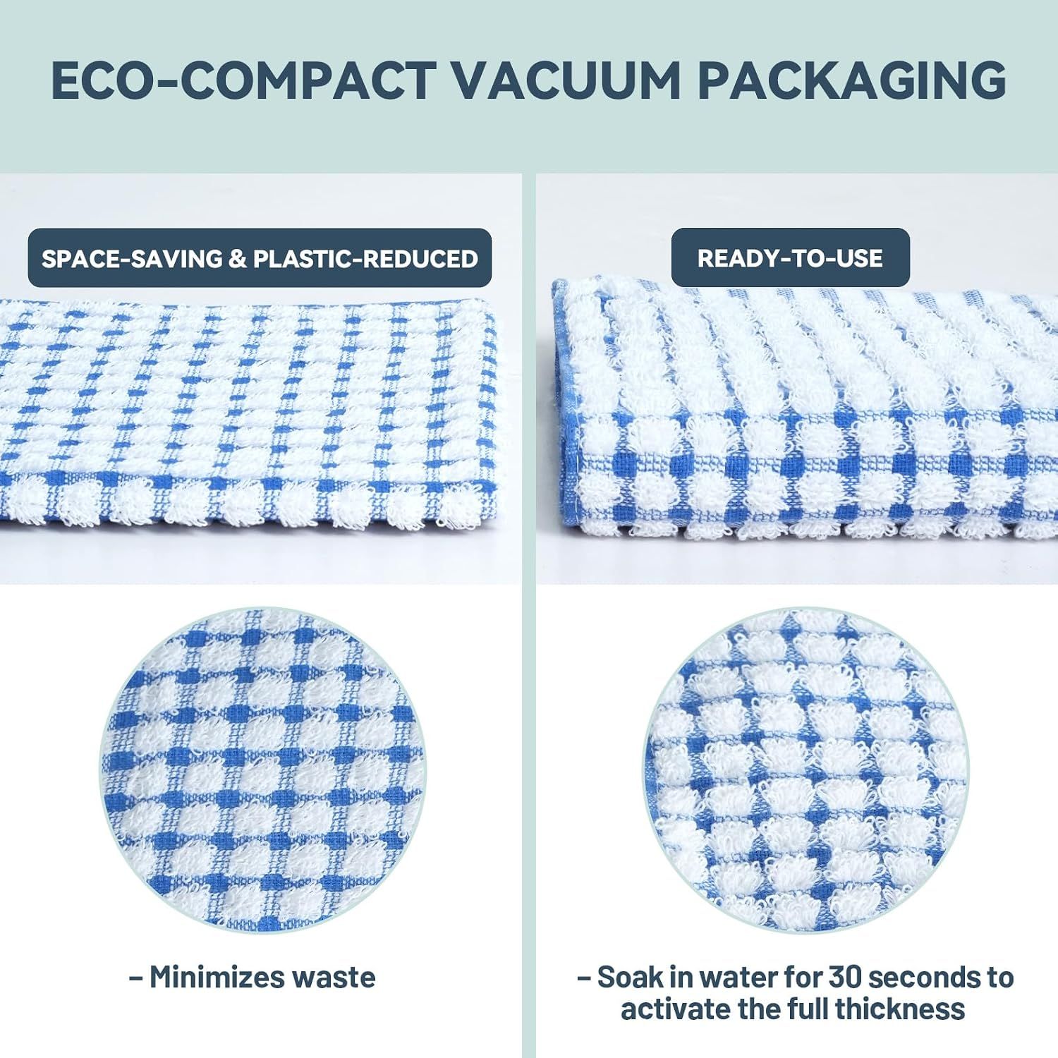 Showcases the eco-compact vacuum packaging benefits in a segmented layout, highlighting space-saving, plastic reduction, ease of use, and waste minimization. Emphasizes the environmental…