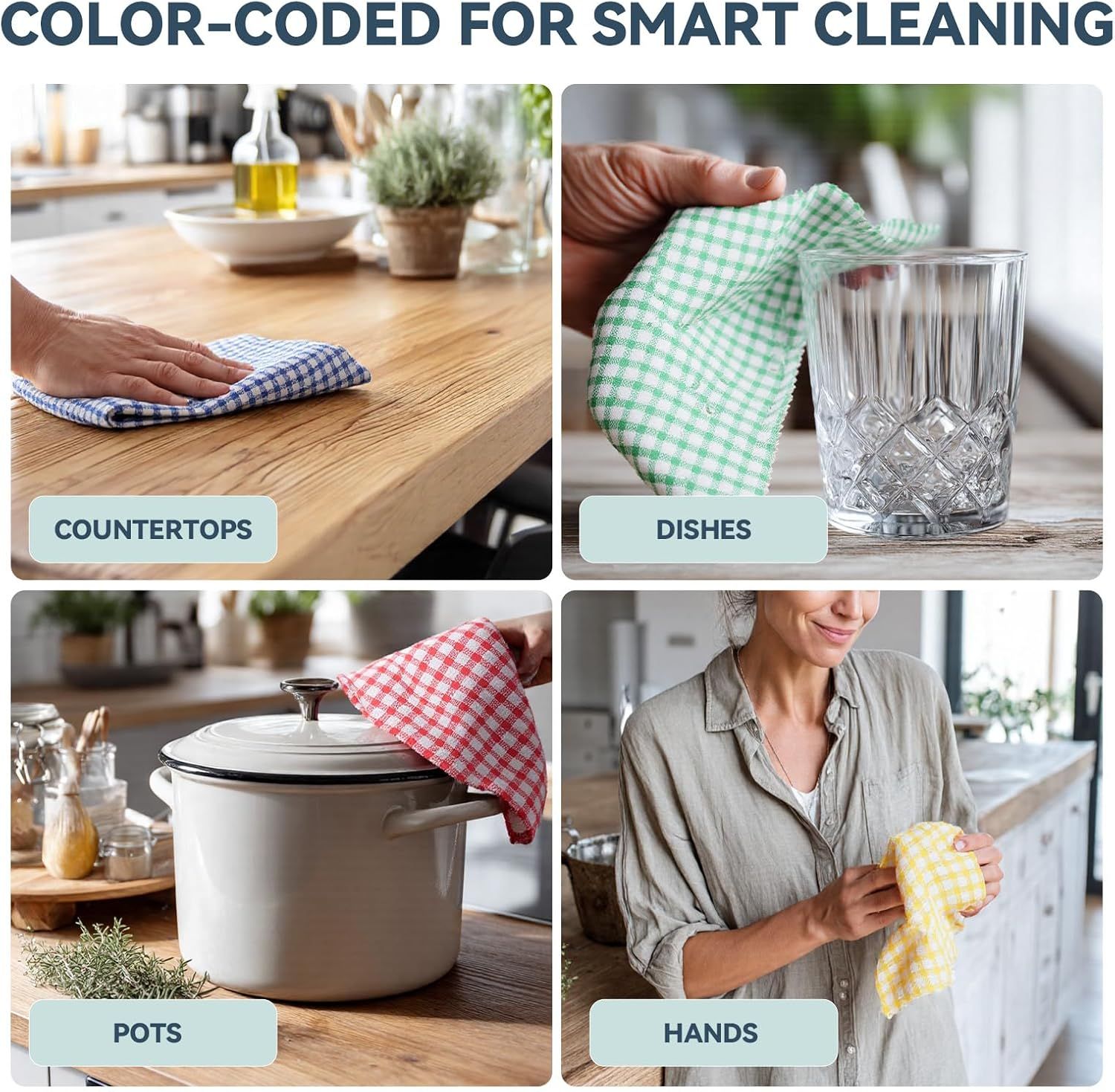 Demonstrates the versatility of the color-coded dishcloths by showing four different cleaning scenarios in the kitchen, helping shoppers understand the product works across multiple surfaces and…