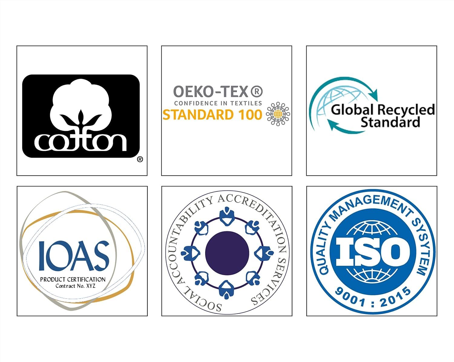 Displays multiple certifications and standards to reassure shoppers about the product's safety, quality, sustainability, and ethical manufacturing.