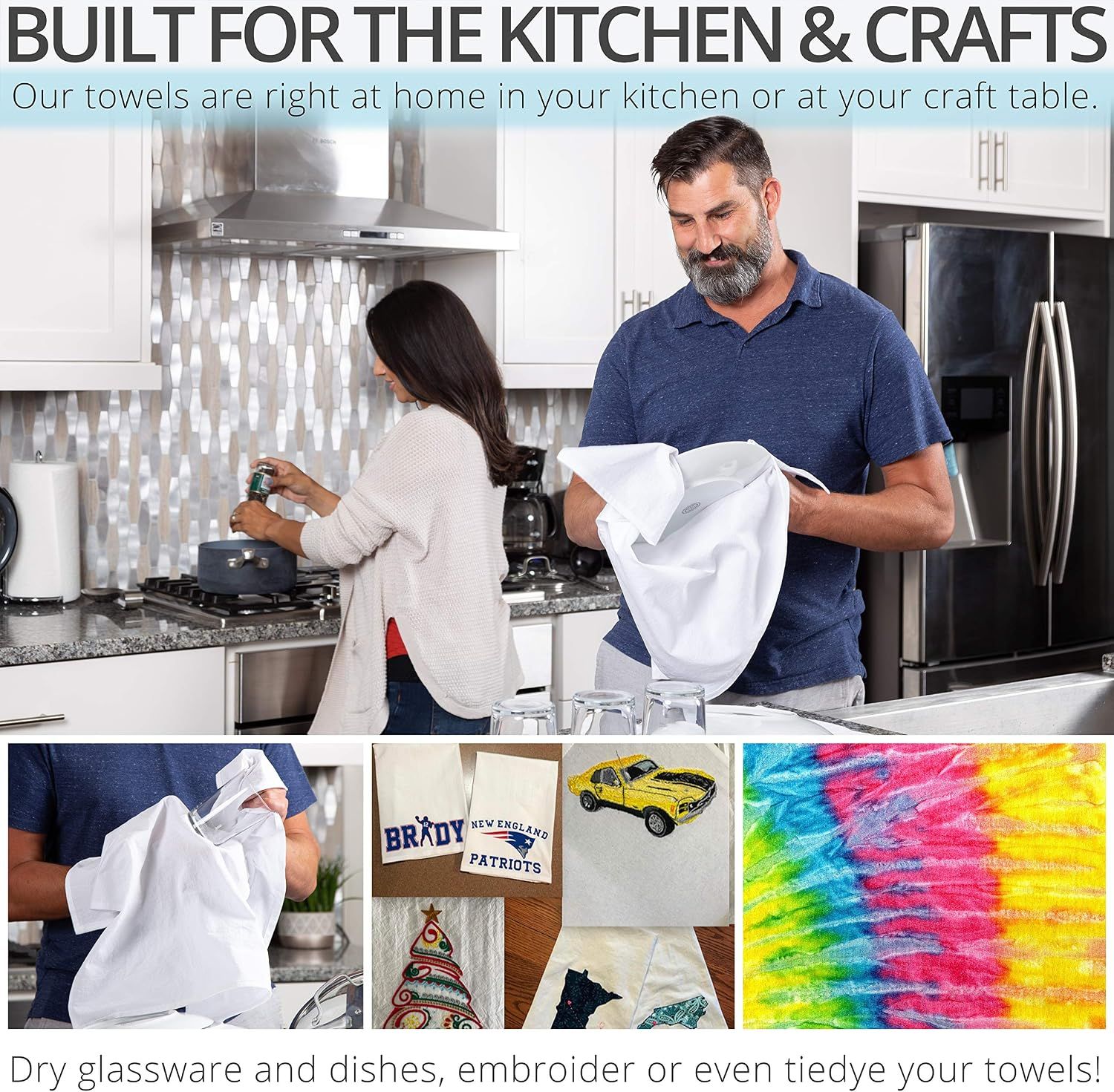 Demonstrates multiple use cases for the towels including drying dishes, embroidery projects, and tie-dye crafts to show versatility.
