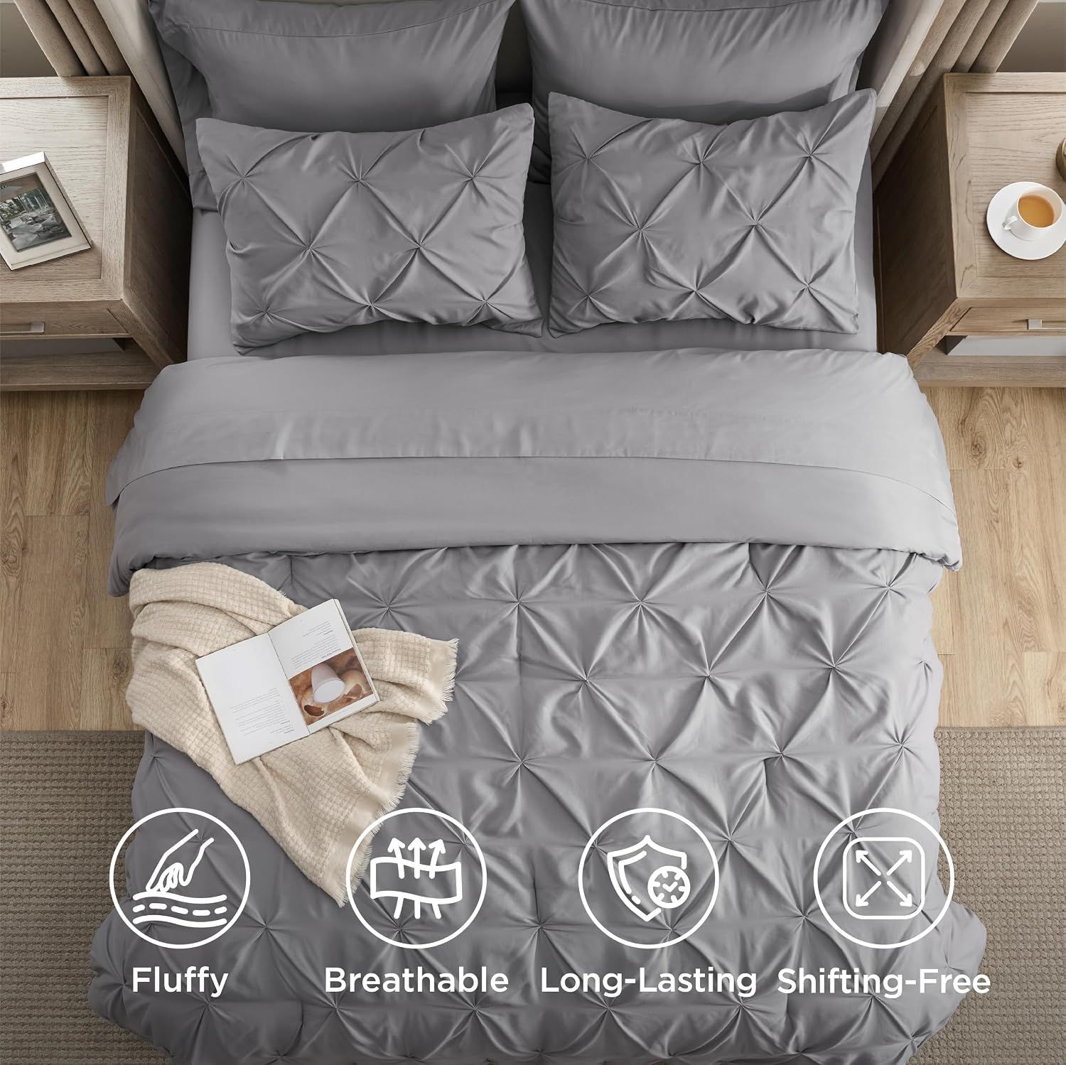 Displays four key product benefits through icon-based callouts to reassure shoppers about comfort, temperature regulation, durability, and construction quality.