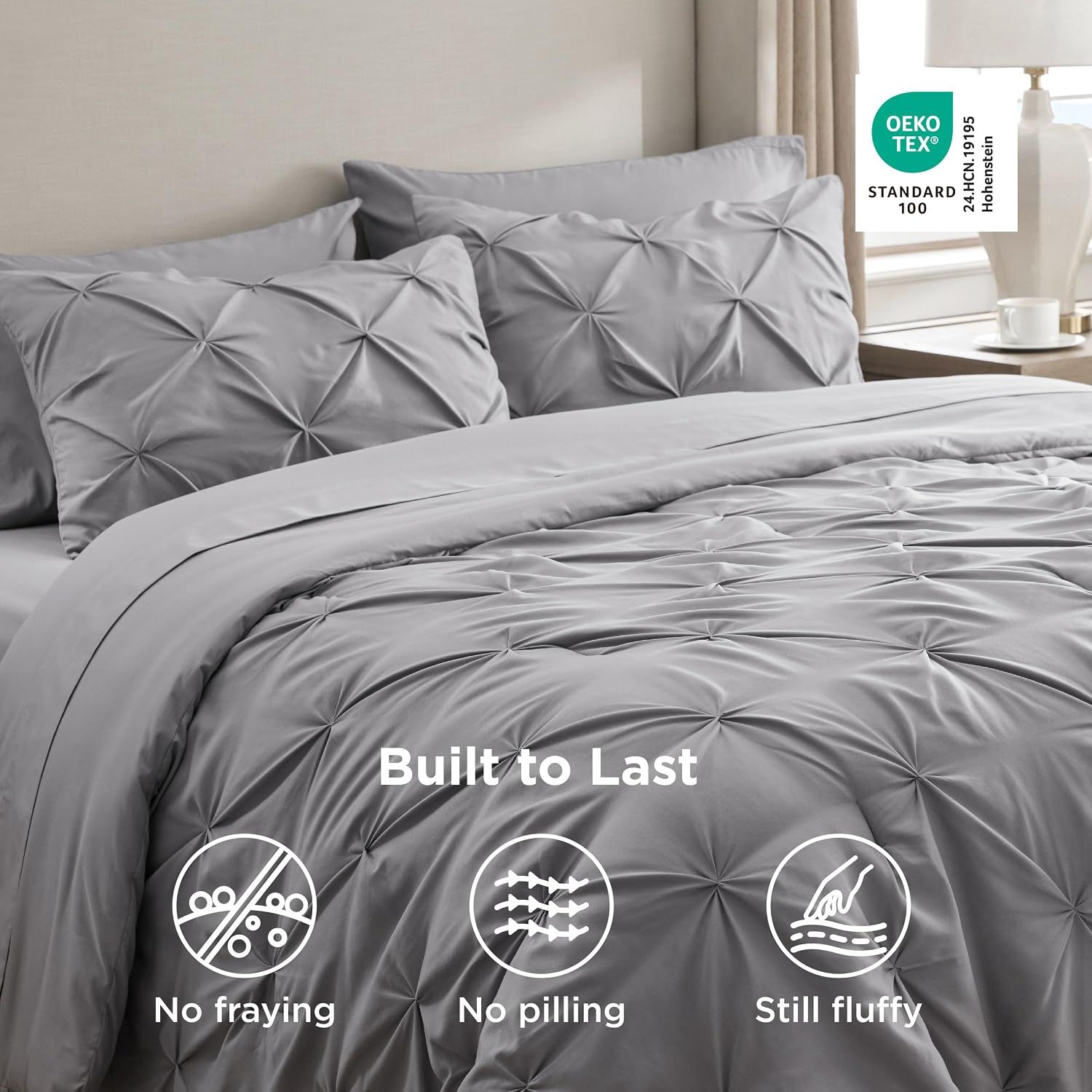 Highlights the product's durability and quality certifications through multiple benefit callouts, reassuring shoppers about long-term performance and safety standards. Displays the OEKO-TEX…
