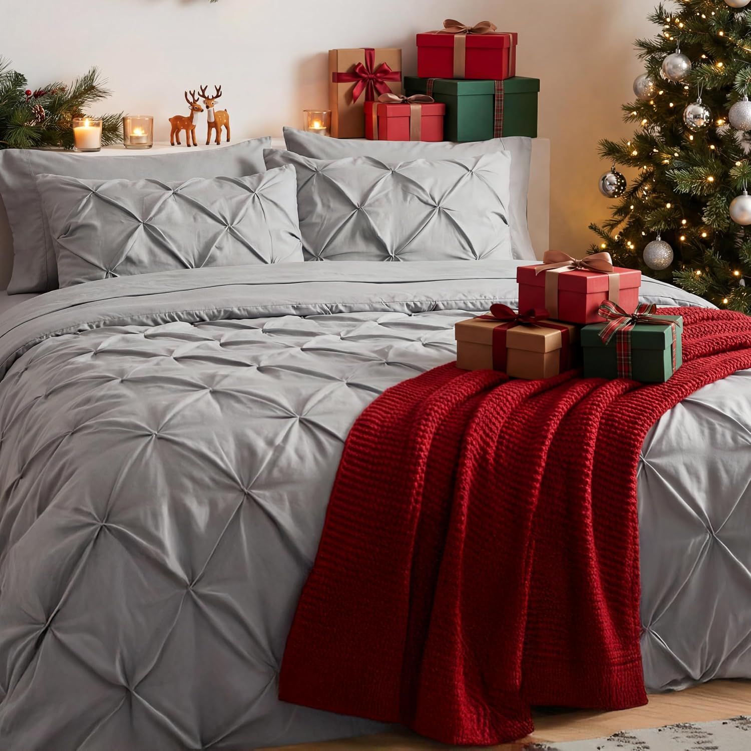 Positions the comforter set as a holiday gift option through Christmas-themed styling with tree, ornaments, and wrapped presents to drive seasonal purchase intent.