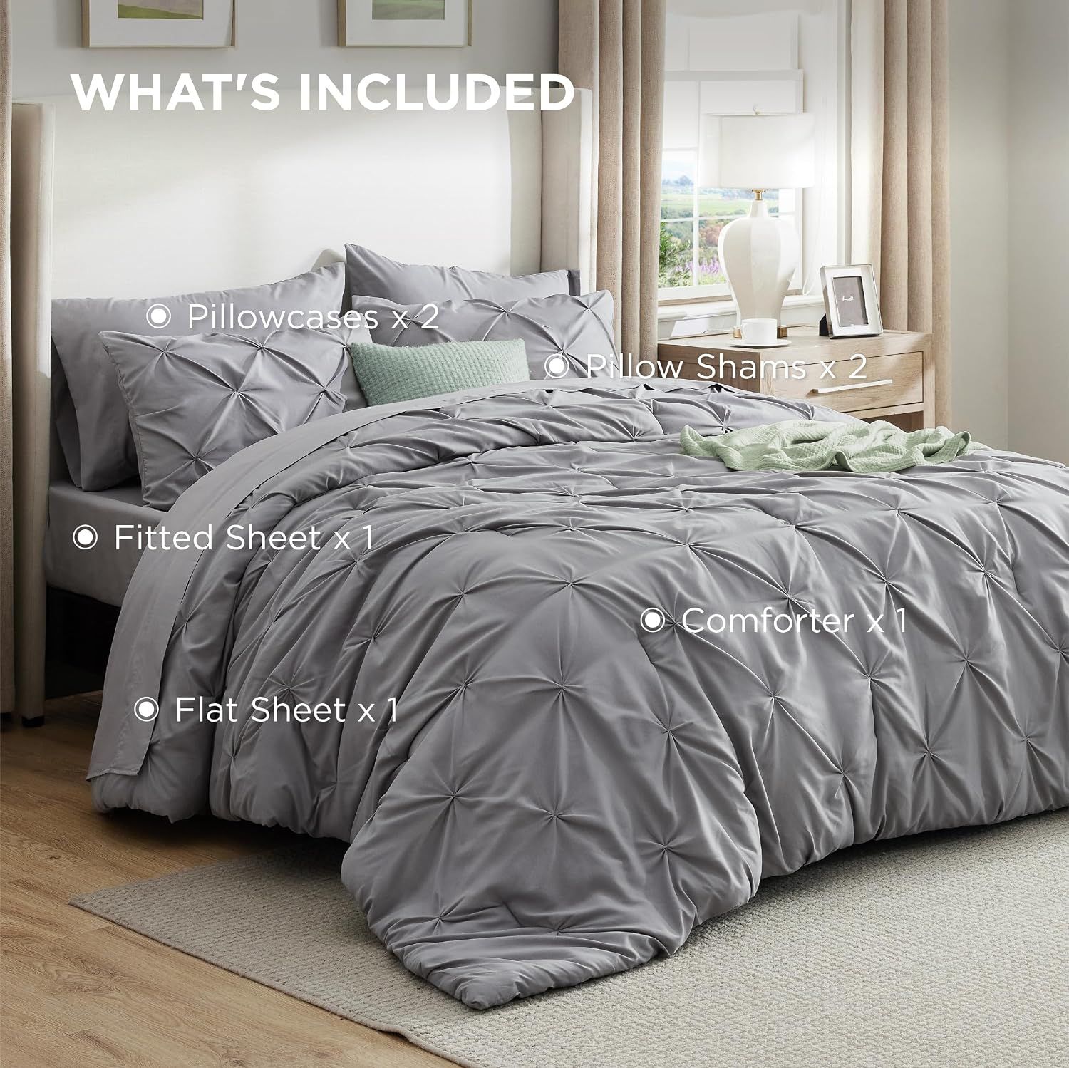 Shows exactly what items are included in the comforter set (pillowcases, pillow shams, fitted sheet, flat sheet, and comforter) so shoppers understand the full value of their purchase.