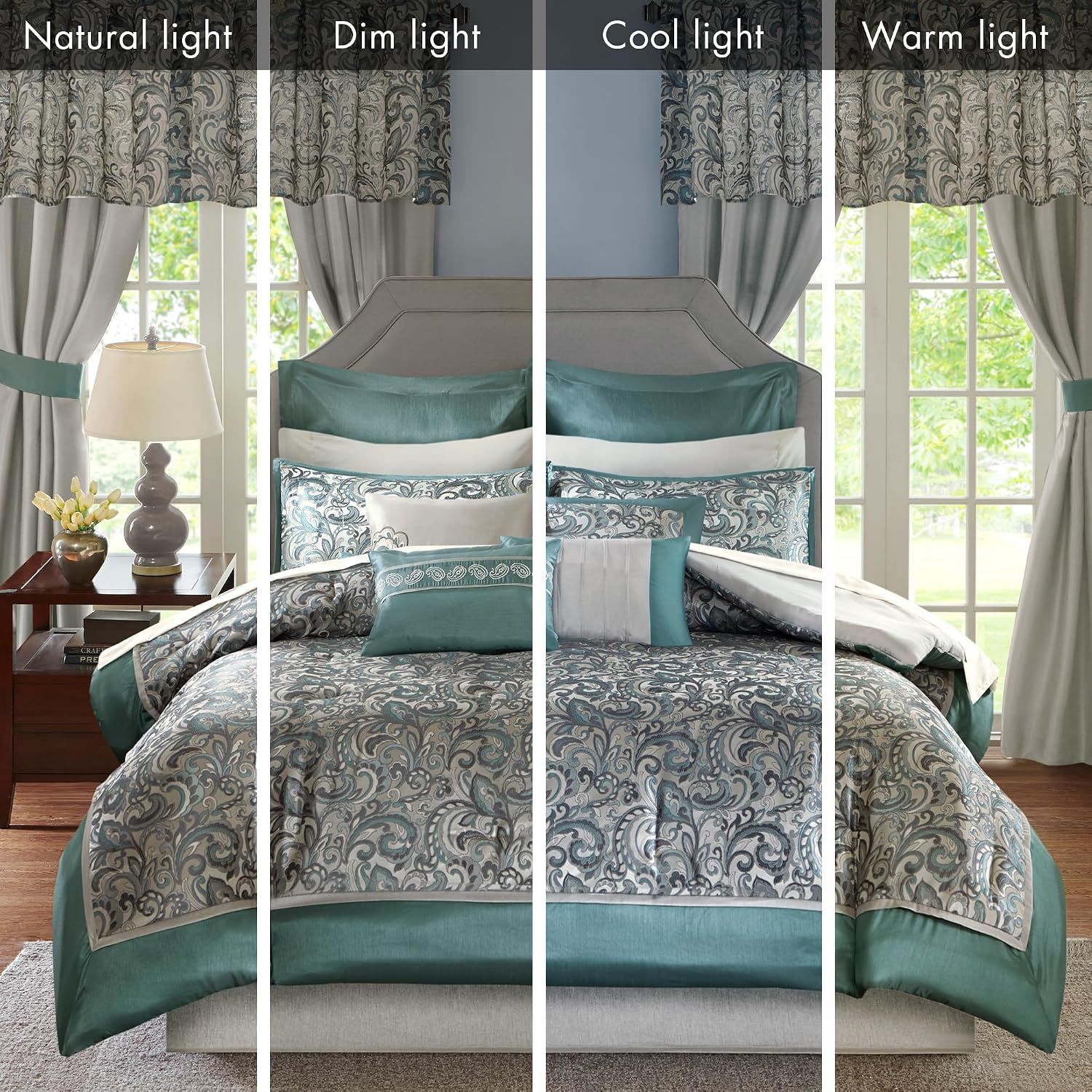 Demonstrates how the bedding set looks under four different lighting conditions (natural, dim, cool, warm) to help shoppers visualize the product in their own home environment.
