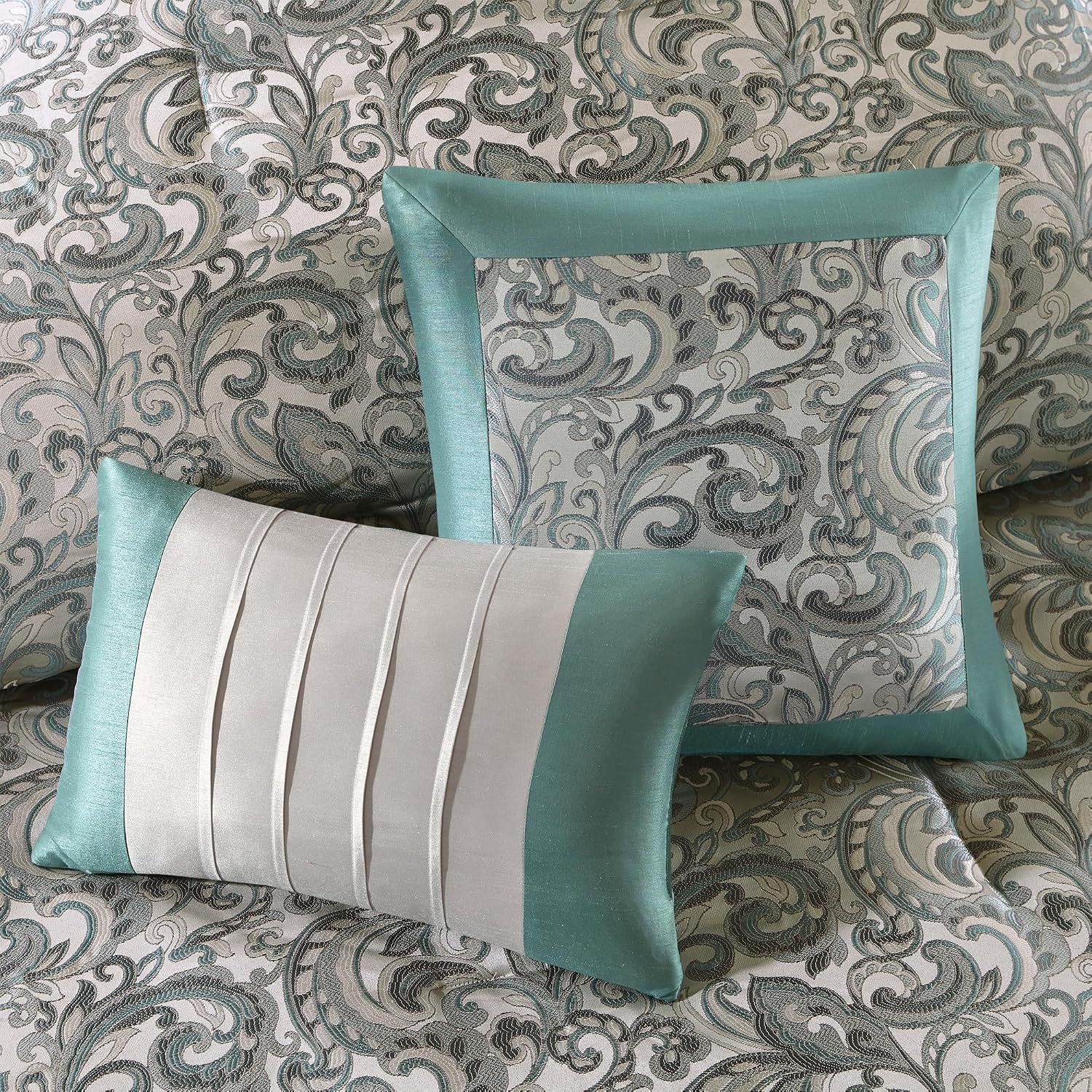 Displays decorative pillows in detail to showcase the design coordination and variety included in the set.