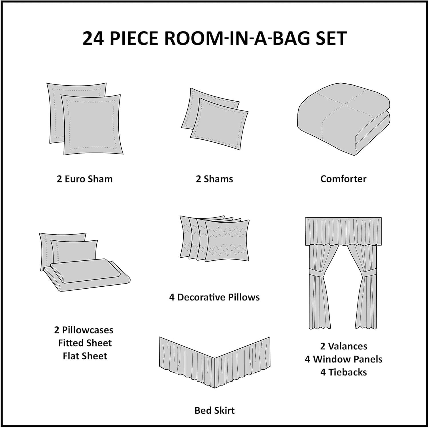 Shows all 24 pieces included in the room-in-a-bag set with labeled illustrations to communicate the comprehensive value and completeness of the bundle.