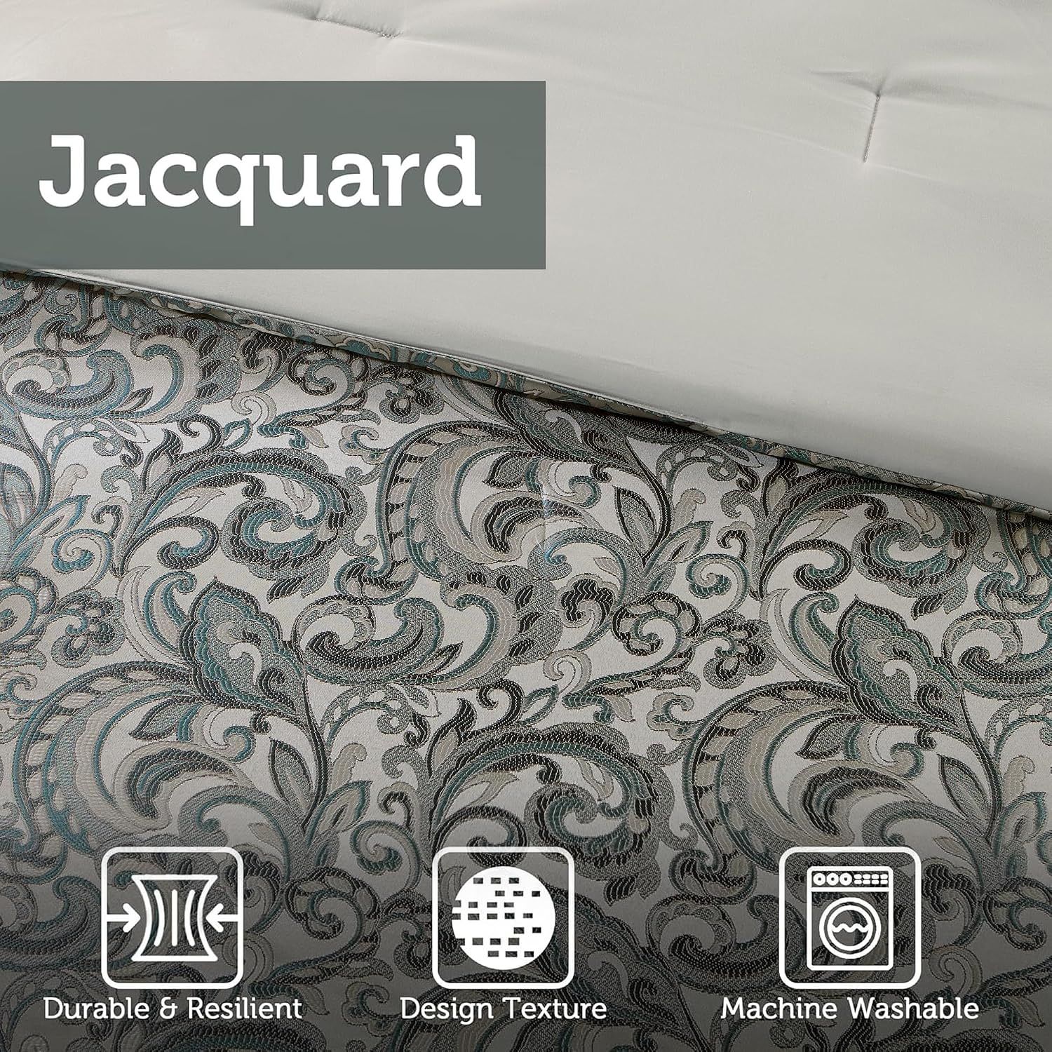 Highlights three key product benefits using icons and text callouts to communicate the jacquard fabric's durability, textured design, and easy care.