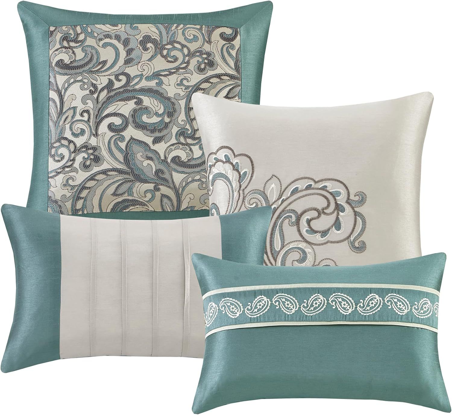 Shows the variety of decorative pillows included in the set, highlighting the coordinated designs and patterns available to the customer.