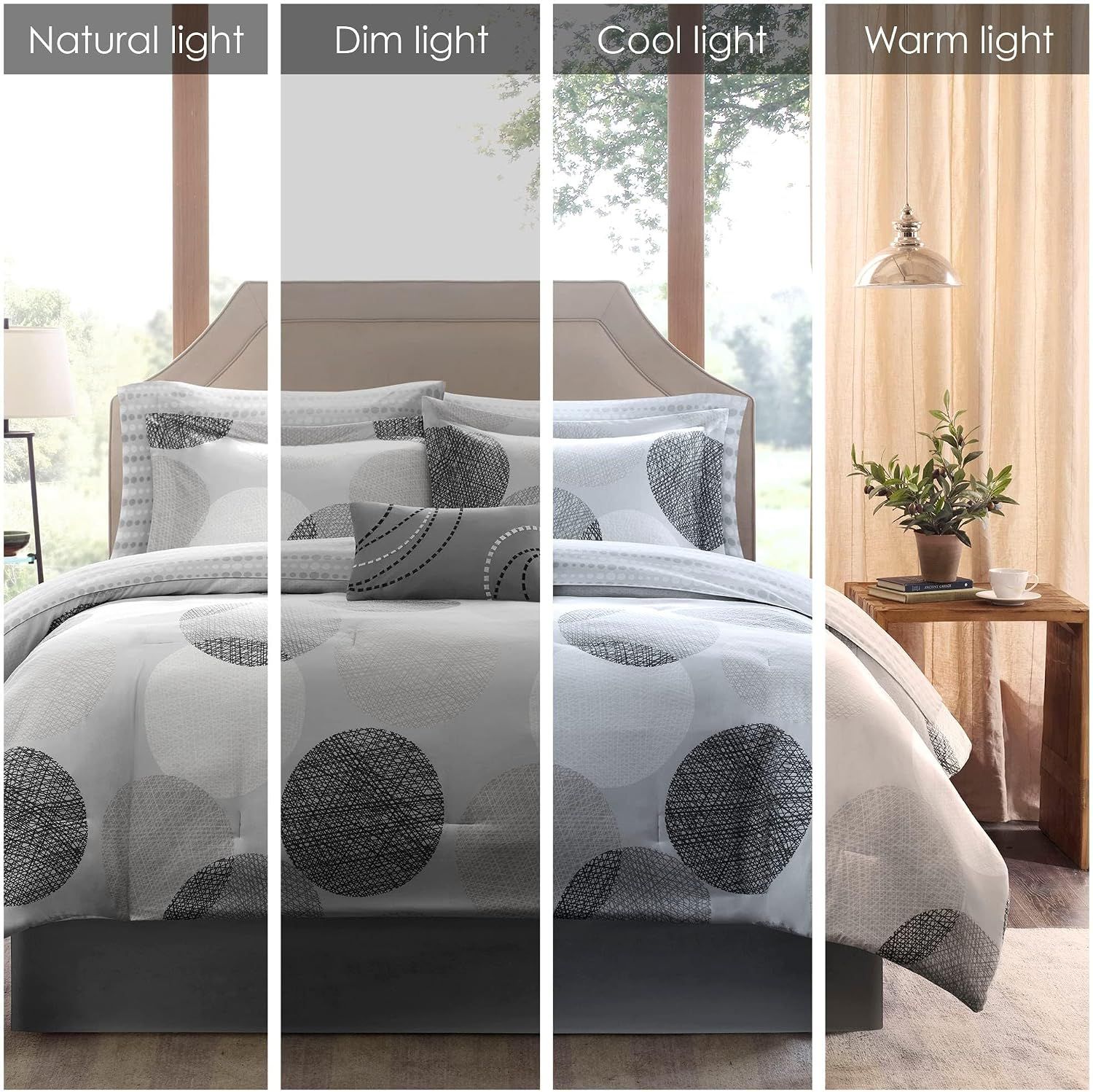 Demonstrates how the bedding looks under four different lighting scenarios (natural, dim, cool, and warm light) to help shoppers visualize the product in their own home environment.