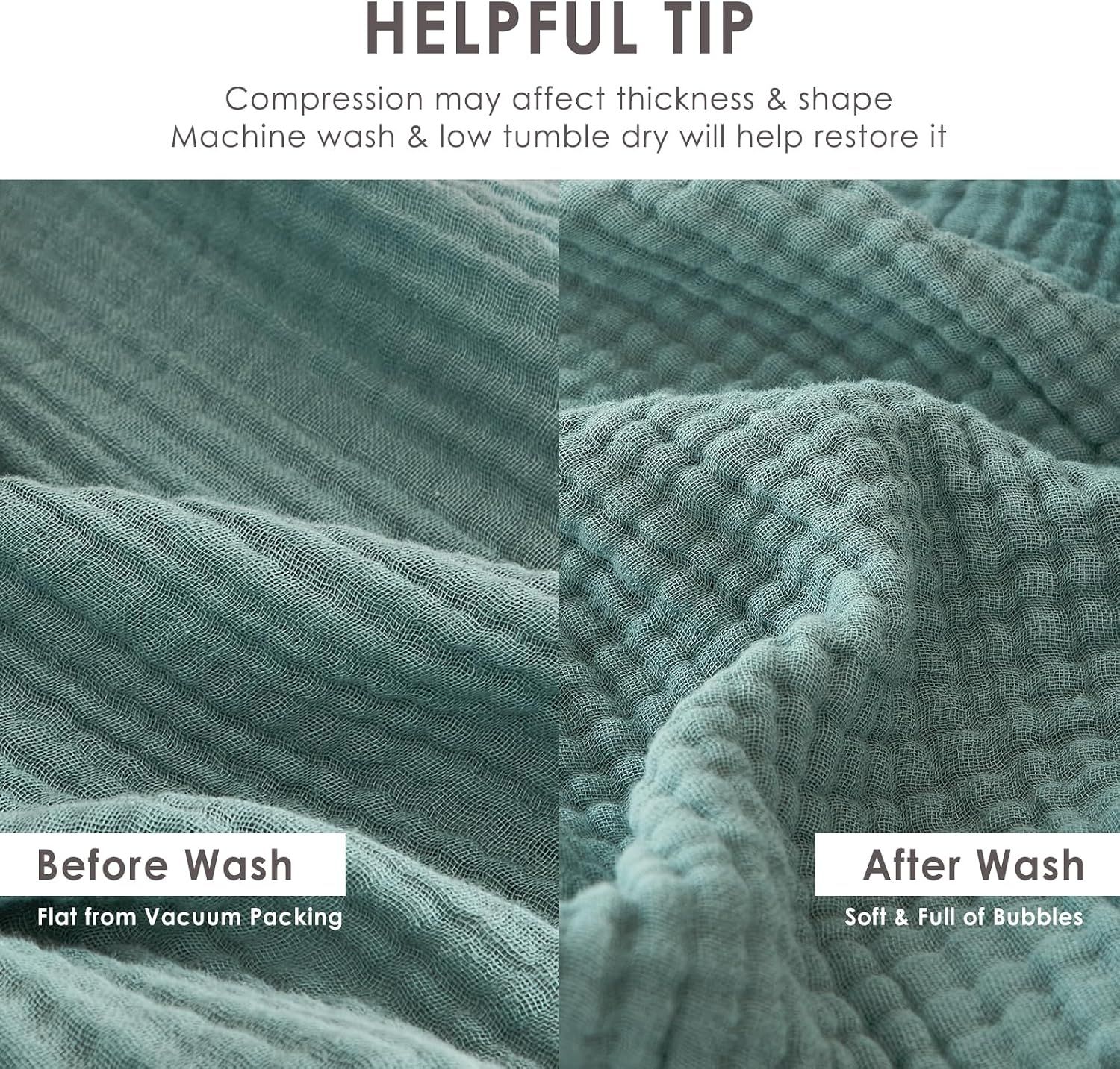 Shows the transformation from flat vacuum-packed state to soft, fluffy texture after washing, reassuring shoppers about product recovery and care. Provides helpful care tips on how to restore the…