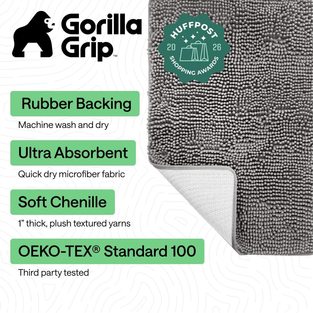 Highlights multiple key product features in a segmented layout to communicate the rug's durability, absorbency, comfort, and safety certification.