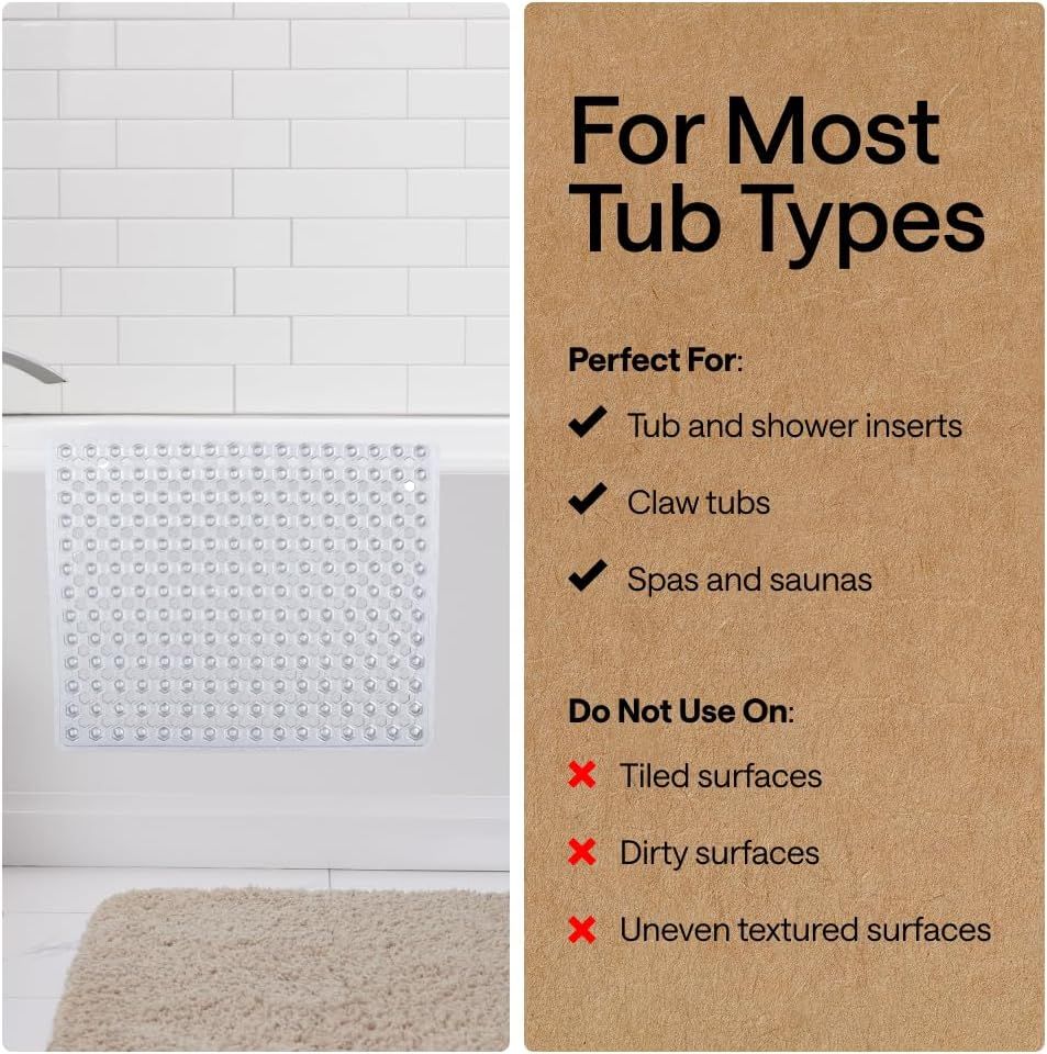 Shows which tub types the mat is compatible with and which surfaces to avoid, helping shoppers understand where the product will and won't work.