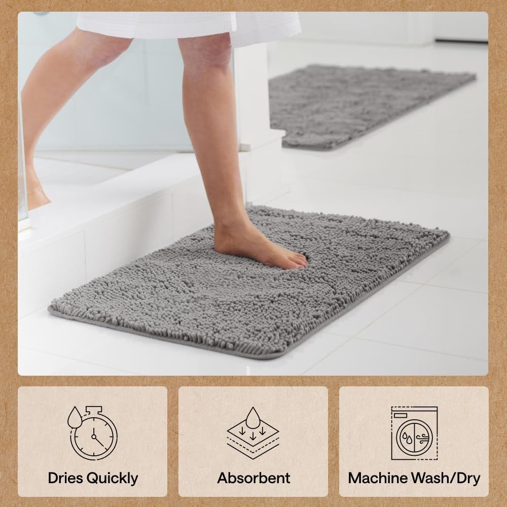 Communicates three key benefits in a segmented icon layout to reassure shoppers about the rug's quick-dry performance, absorbency, and easy care.