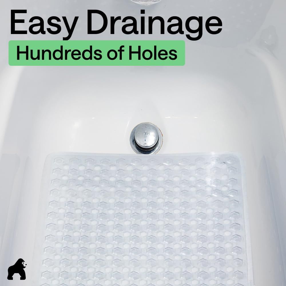 Highlights the mat's drainage capability with hundreds of holes, reassuring shoppers that water won't pool on the mat.