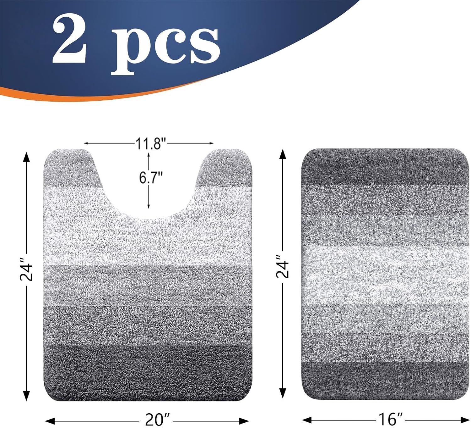 Shows the customer exactly what they receive in the package (2 bathroom mats) along with precise dimensions for each piece to help them understand fit and coverage. Provides exact measurements…