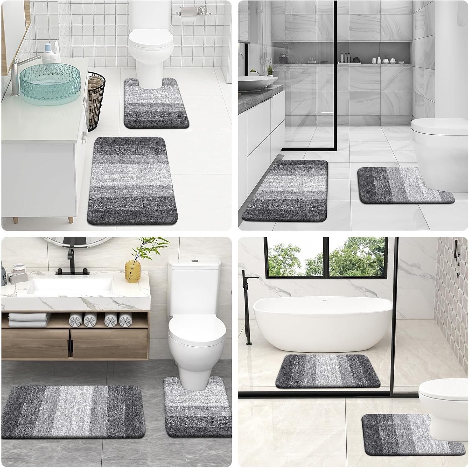 Demonstrates the versatility of the bath mat set across different bathroom designs and layouts to show it works in various home decor styles.