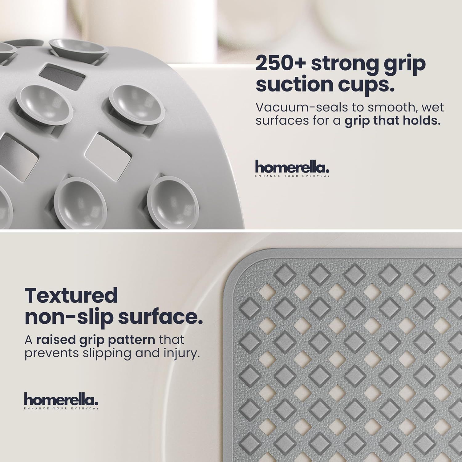 Highlights two distinct safety features in a segmented layout: the suction cup grip technology and the non-slip textured surface to reassure shoppers of stability and slip prevention.