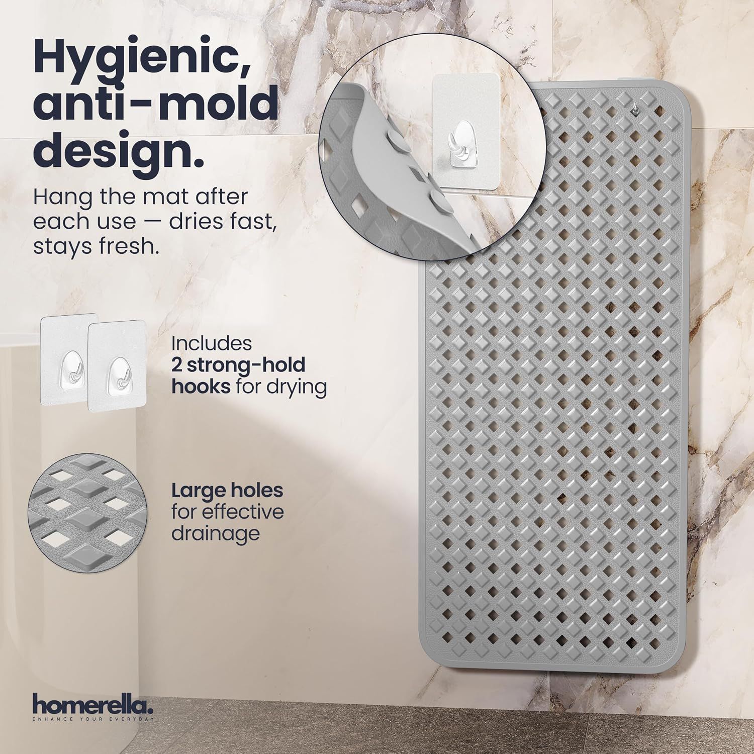 Breaks down the product's physical features with callouts and zoom circles to show how the mat is designed for hygiene and effective drying. Communicates multiple benefits related to hygiene,…