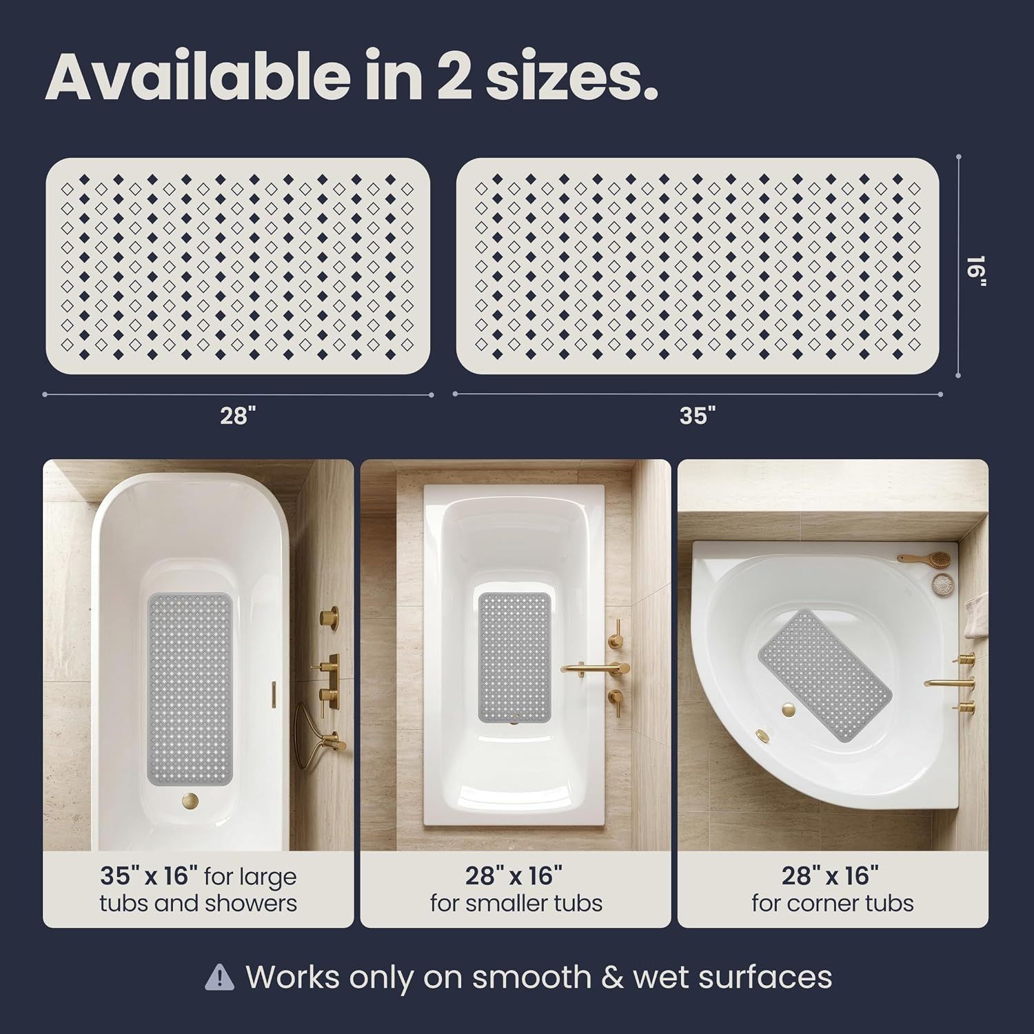 Shows the physical dimensions of the two available mat sizes and demonstrates how they fit in different tub configurations to help shoppers choose the right size. Demonstrates the product's…