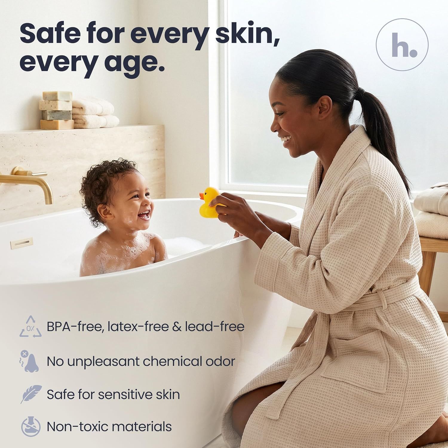 Reassures shoppers that the product is made from safe, non-toxic materials suitable for all ages and skin types, especially children and sensitive skin. Highlights multiple safety and health…