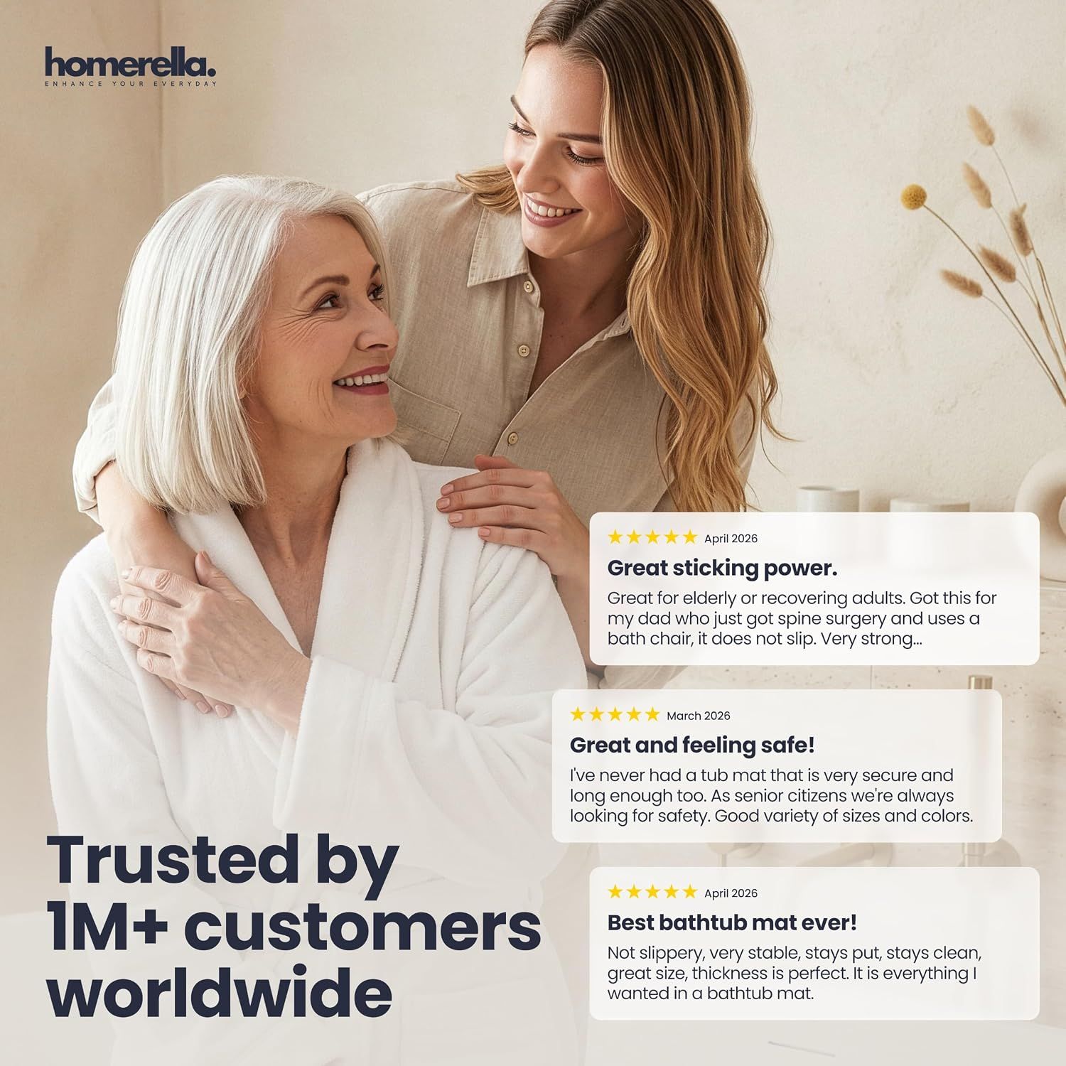 Builds trust and credibility by showcasing real customer testimonials with star ratings, highlighting sticking power, safety, and quality to reassure potential buyers.