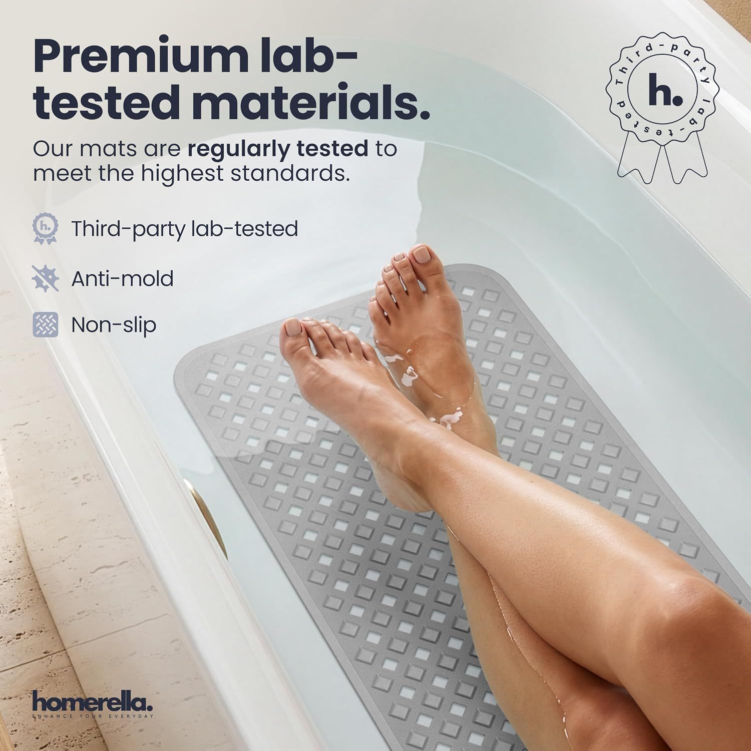 Reassures shoppers that the product meets high quality and safety standards through third-party testing and certifications. Communicates the quality and testing standards of the product to build…
