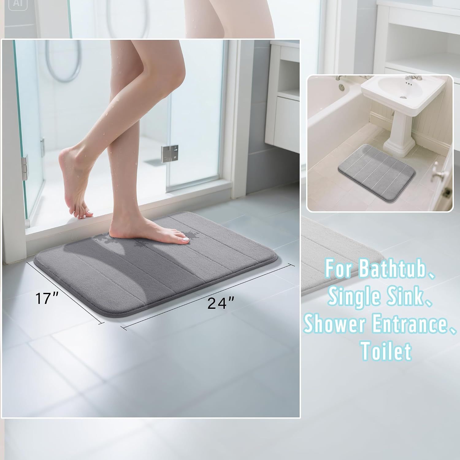 Shows the exact physical dimensions of the bath mat and demonstrates multiple placement options to help shoppers understand where it will fit in their bathroom. Demonstrates the versatility of the…