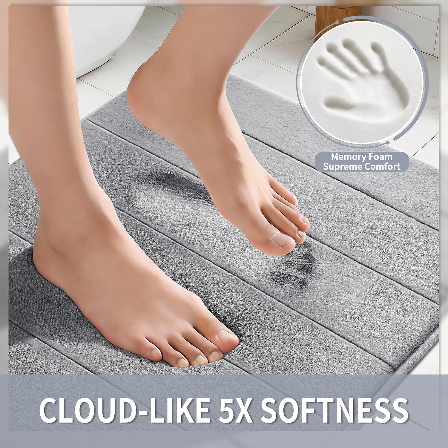 Highlights the superior comfort level of the memory foam material with a quantifiable softness claim and visual demonstration of the foam impression. Communicates the cloud-like softness and comfort…