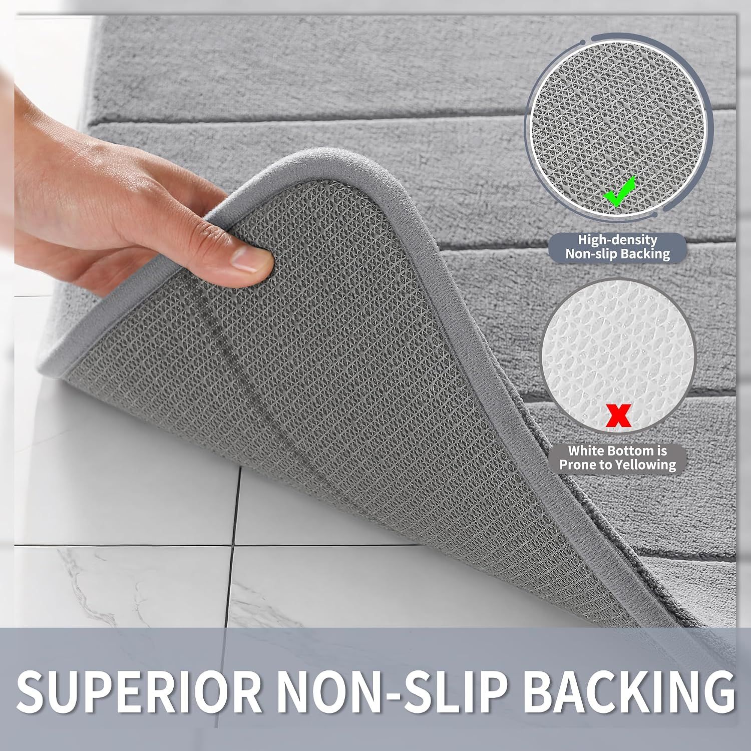 Highlights the superior non-slip backing material and explains why this product's high-density backing is better than competitors' white bottoms that yellow over time. Demonstrates the product's…